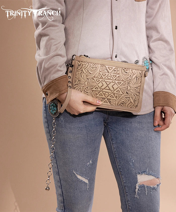 Trinity Ranch Aztec Tooled Leather Wristlet - Stylish Crossbody Wallet for Women | Perfect for Shopping, Travel & Everyday Use