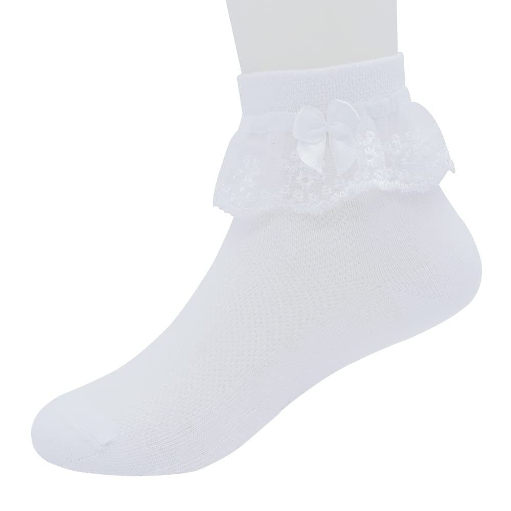 Girls Summer Mesh Thin Ruffle Ankle Socks - White Lace Frilly Trim Dress Socks with Bows for School (3-16 Years) | Breathable & Comfortable for Daily Wear, Playdates, and Special Occasions