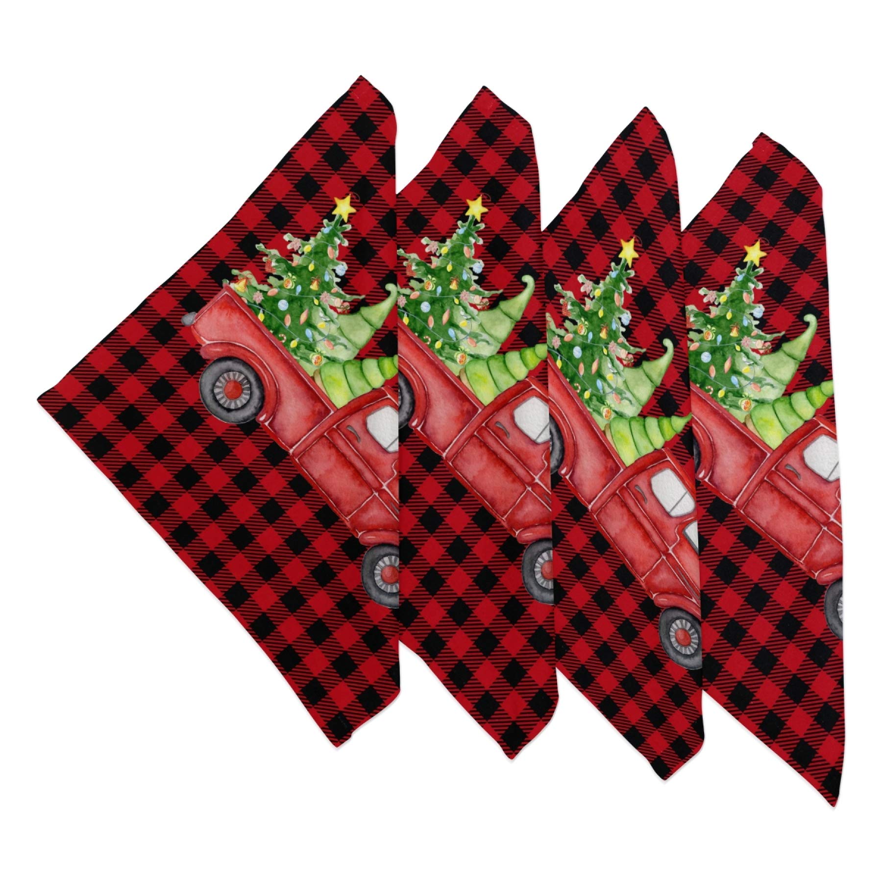 Christmas Tree Truck Square Placemats Set of 4 - Buffalo Plaid Heat Resistant Washable Table Mats for Dining & Kitchen - Perfect for Holiday Decorations, Family Gatherings & Everyday Use