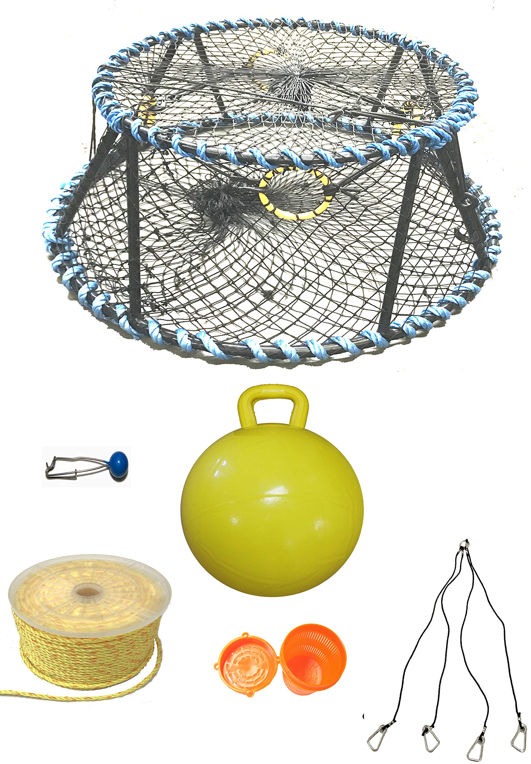 KUFA Sports Heavy Duty Vinyl Coated Prawn Crab Trap with 400ft Rope - Yellow Buoy, Vented Bait Container & Harness Set for Saltwater Fishing | Ideal for Shrimp, Crab & Lobster Catching in Ocean, Bay & Pier Fishing