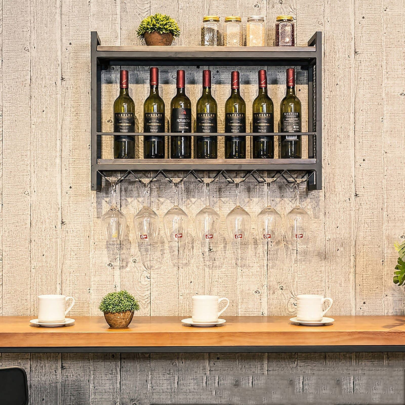 KEPMOGOH Industrial Wall Mounted Wine Rack - Rustic Metal Hanging Wine Holder & Glass Bottle Organizer - Wood Shelves for Bars, Restaurants, Kitchen (80cm) - Perfect for Home Decor & Commercial Use