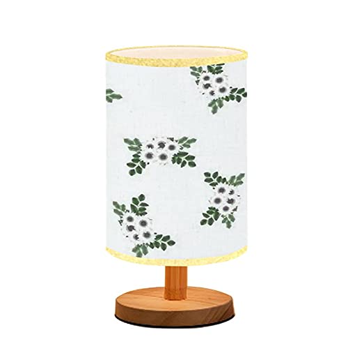 Romantic Minimalist Wooden Nightstand Lamp with Flaxen Fabric Shade - Ditsy Floral Pattern Bedside Table Light for Bedroom, Living Room & Nursery - Perfect Breastfeeding Light, Cozy Reading Lamp & Warm Ambient Lighting