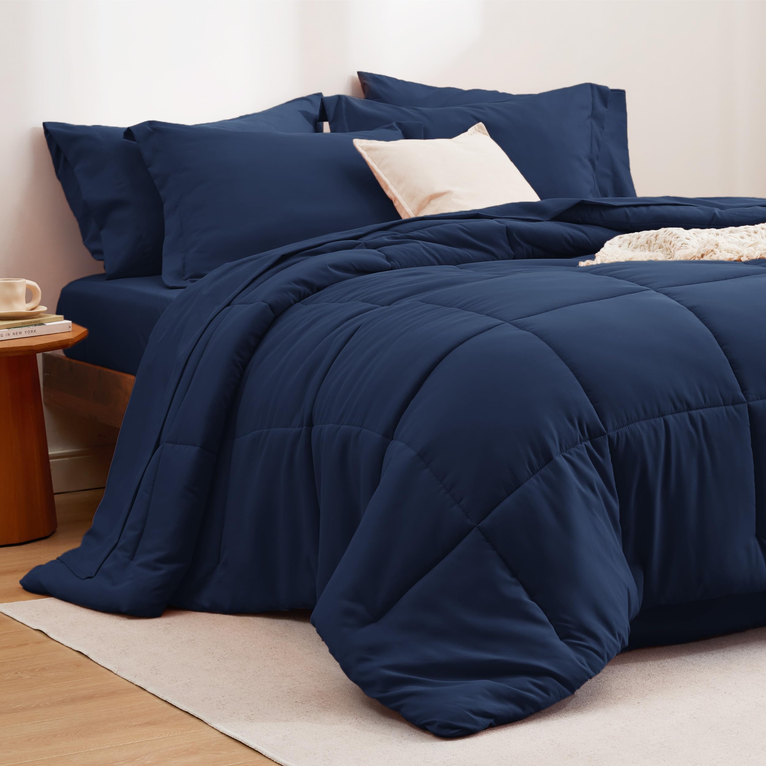 Bedsure 5-Piece Navy Blue Twin Bedding Set - Soft Comforter, Fitted Sheet, Flat Sheet, Pillowcase & Sham - Complete Bed in a Bag for Kids, Teens & Guest Rooms - Perfect for Cozy Sleep & Stylish Bedroom Decor