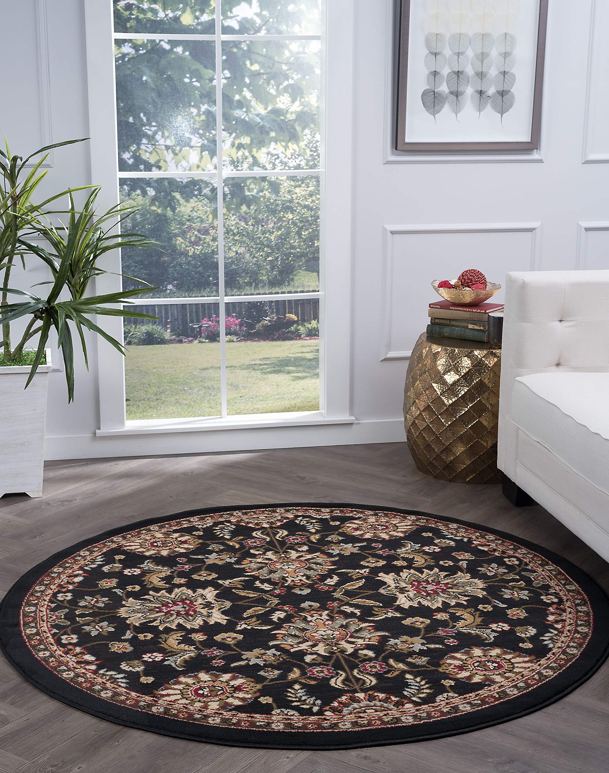 Tayse Leanna Black 8 Foot Round Area Rug - Soft Transitional Oriental Design for Living Room, Bedroom & Dining Room - Perfect for Home Decor, Floor Protection & Cozy Interior Styling