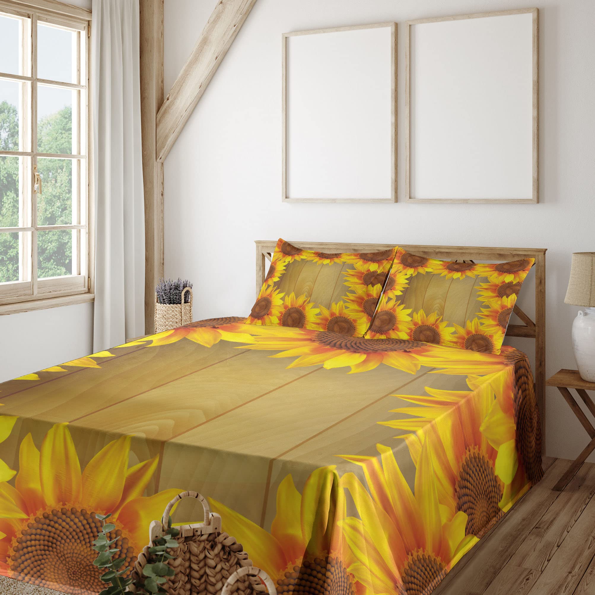 Ambesonne Sunflower King Size 4-Piece Sheet Set - Floral Circle Design on Wooden Background, Fitted & Flat Sheets with Pillowcases - Brown Orange Bedding for Farmhouse & Boho Chic Bedrooms