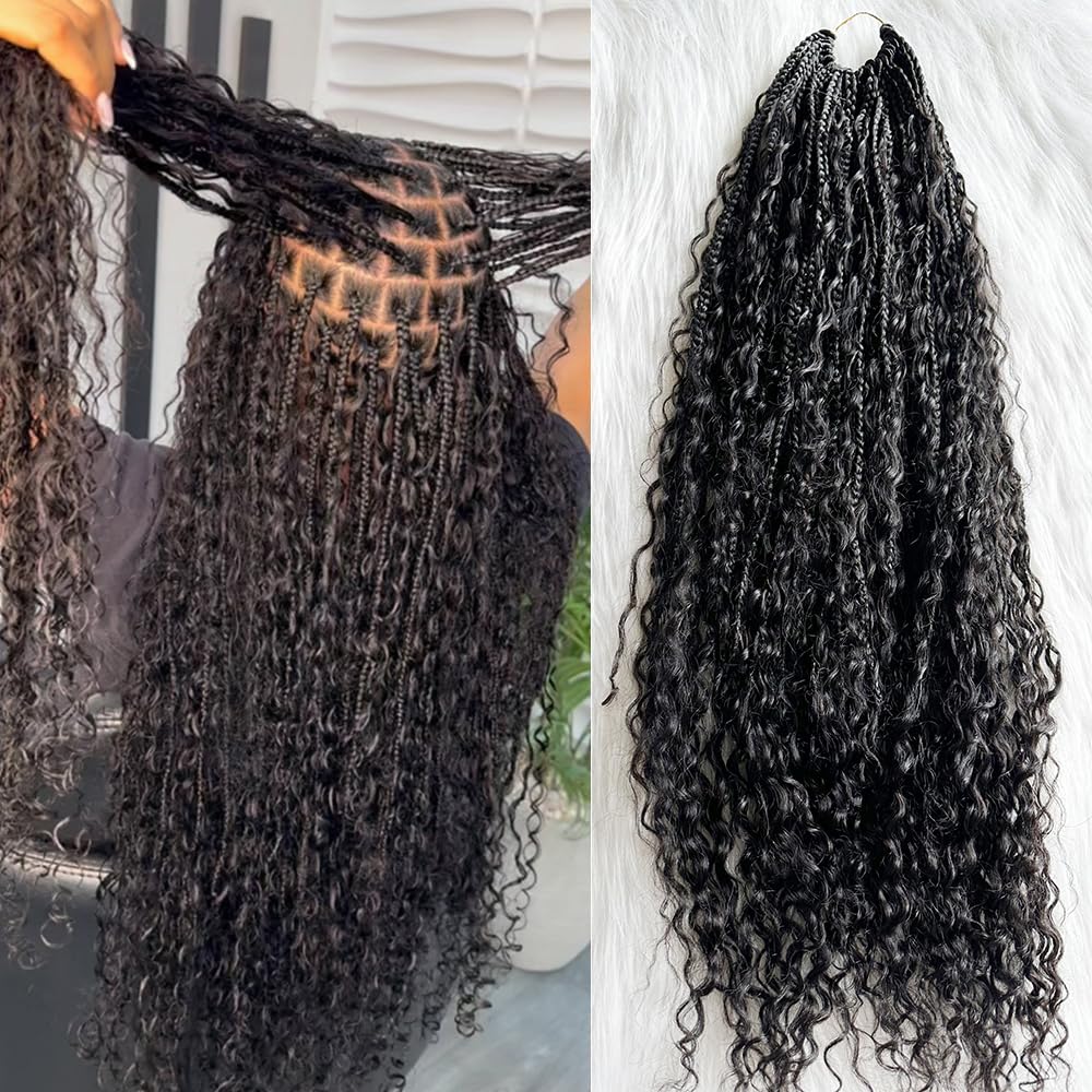 Natural Color 14 Inch Crochet Boho Box Braids with Human Hair Curls - Pre-Looped Box Braids with Curly Human Hair & Full Ends - 2 Pack (80 Strands) Hair Extensions for Women - Perfect for Boho Chic, Festival, and Everyday Protective Styles