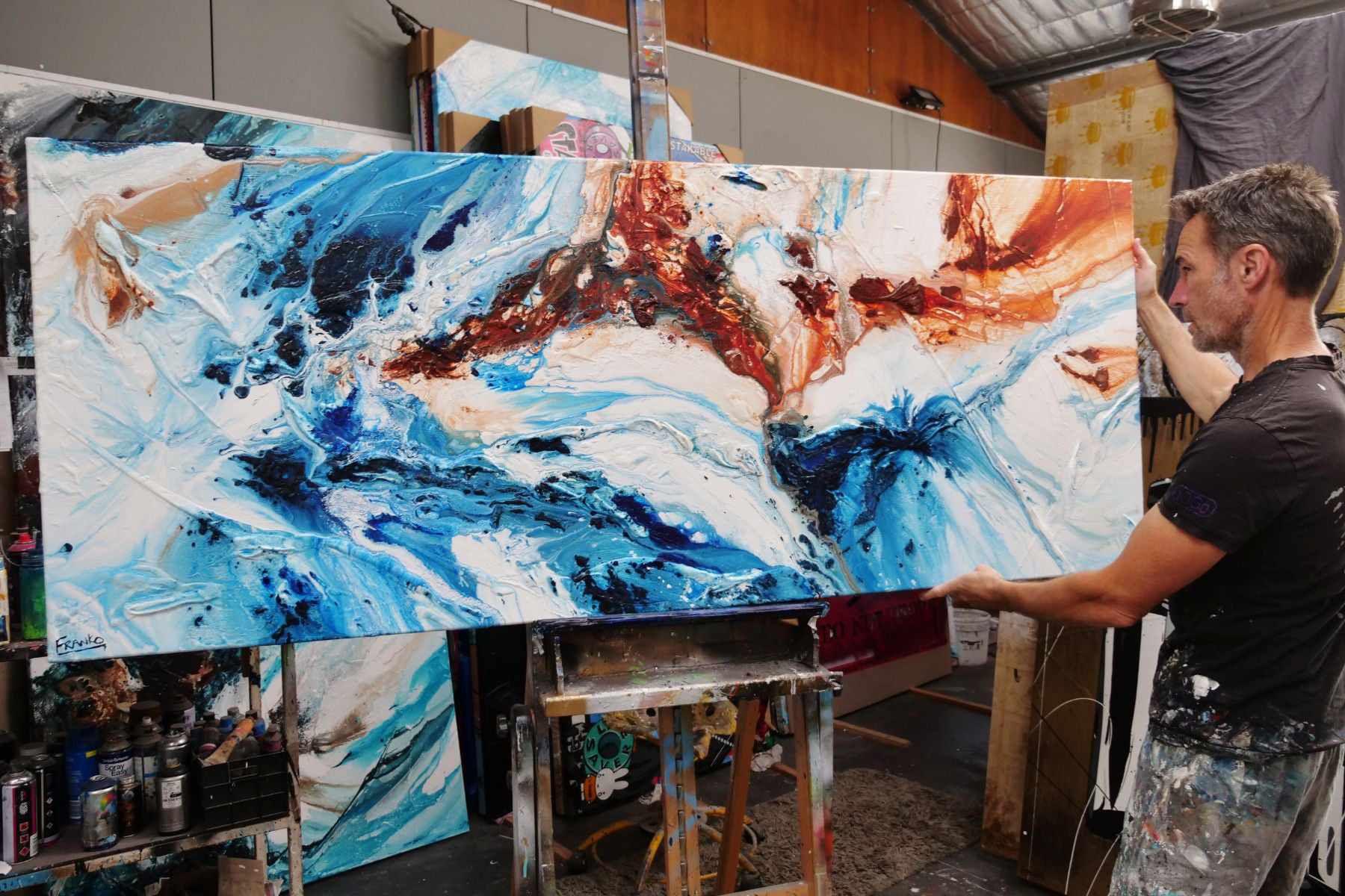 Blue Oxide White Textured Abstract Canvas Painting 200x80cm - Modern Wall Art for Living Room, Bedroom & Office Decor