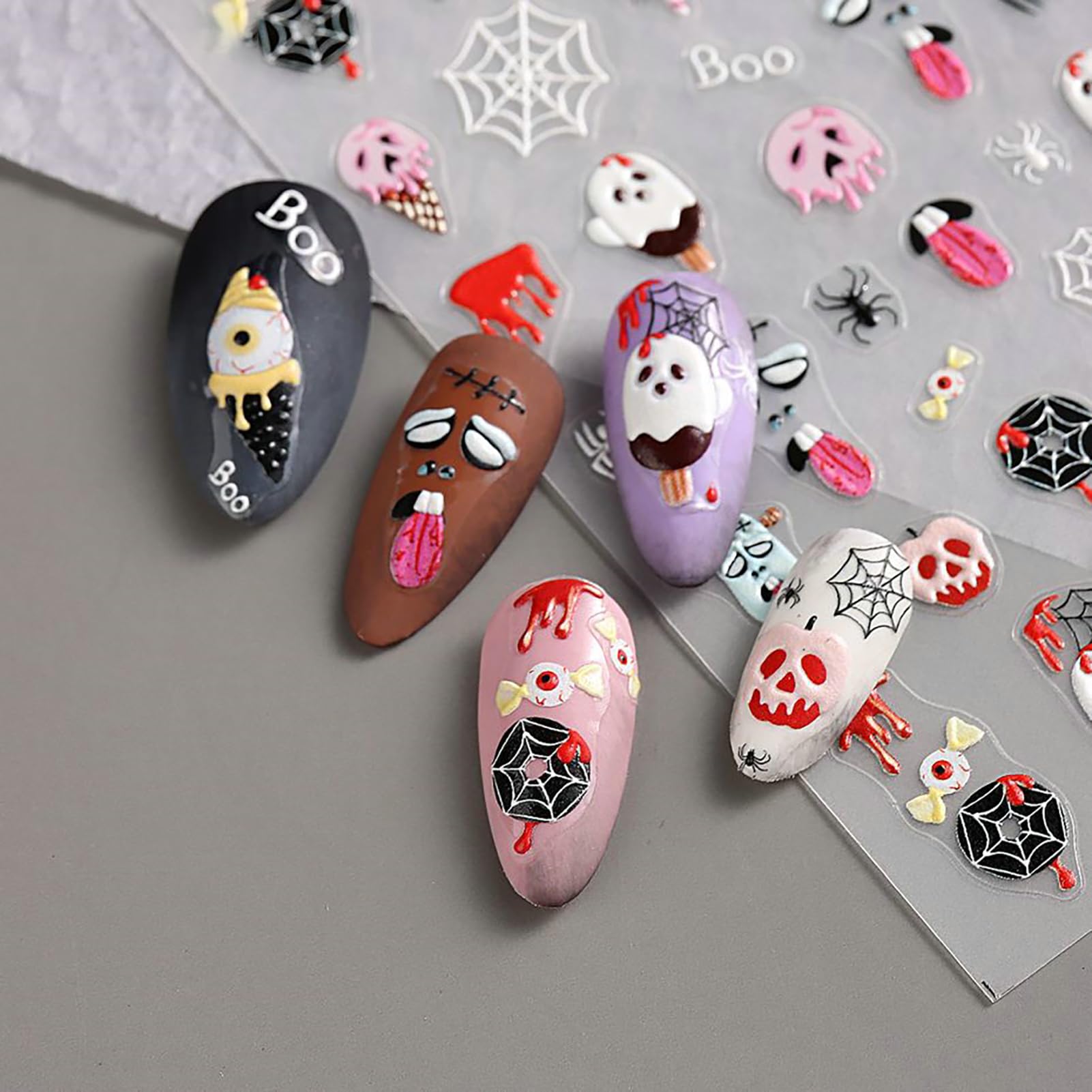 3D Halloween Nail Stickers - 5D Embossed Nail Decals with Pumpkin, Spider Web, Skulls & Eyeballs Designs - Self-Adhesive Nail Art Supplies for DIY Manicure - Perfect for Women, Girls Halloween Parties & Costume Makeup