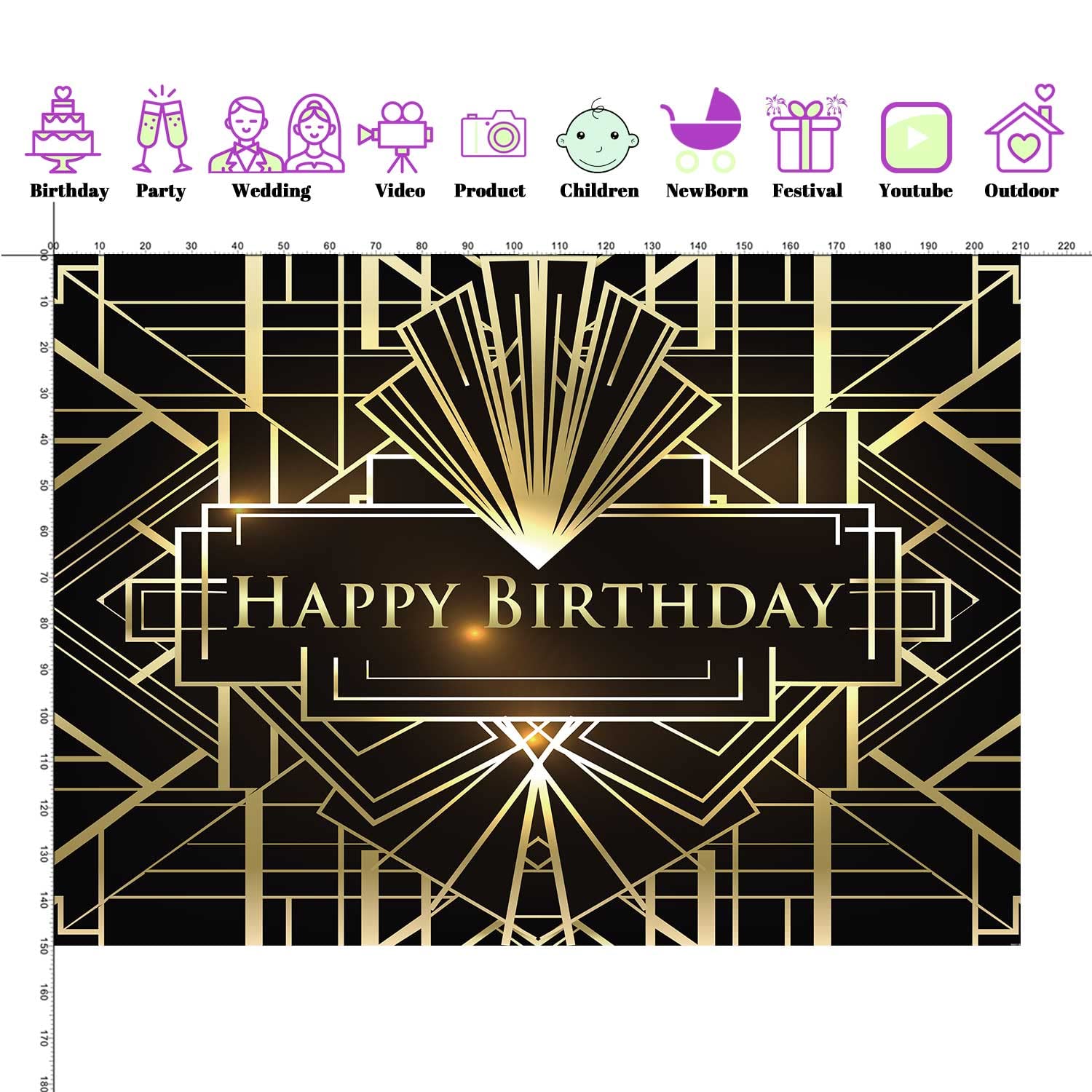 7x5ft Happy Birthday Backdrop - Black & Gold Gatsby Party Decorations, Birthday Banner for Roaring 20s Theme Party, Photo Booth Background, Anniversary & Special Event Decor
