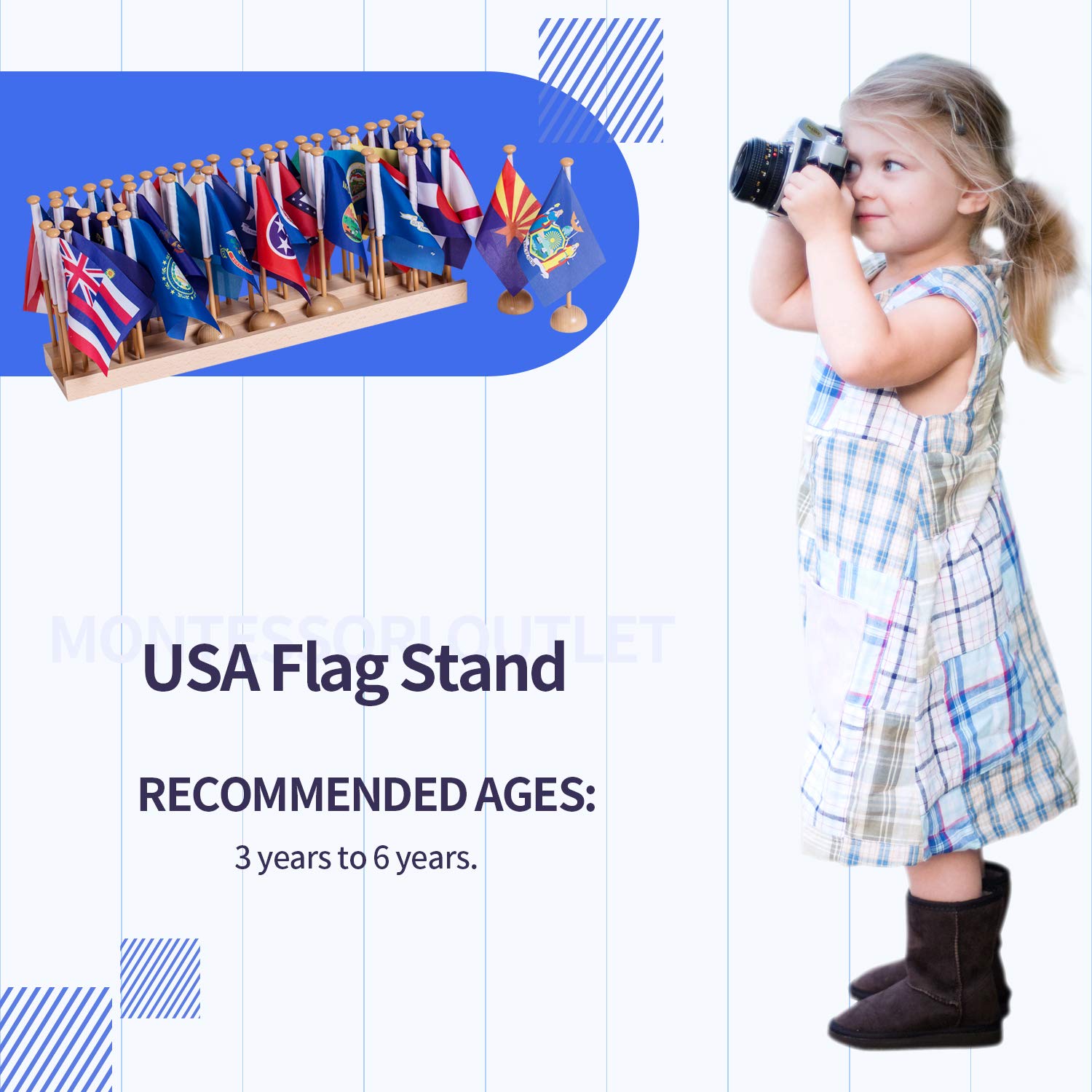 50 USA State Wooden Desk Flags on Stand - American Geography Educational Toys for Preschool, Homeschool & Kids - Perfect for Classroom Learning & Home Decor
