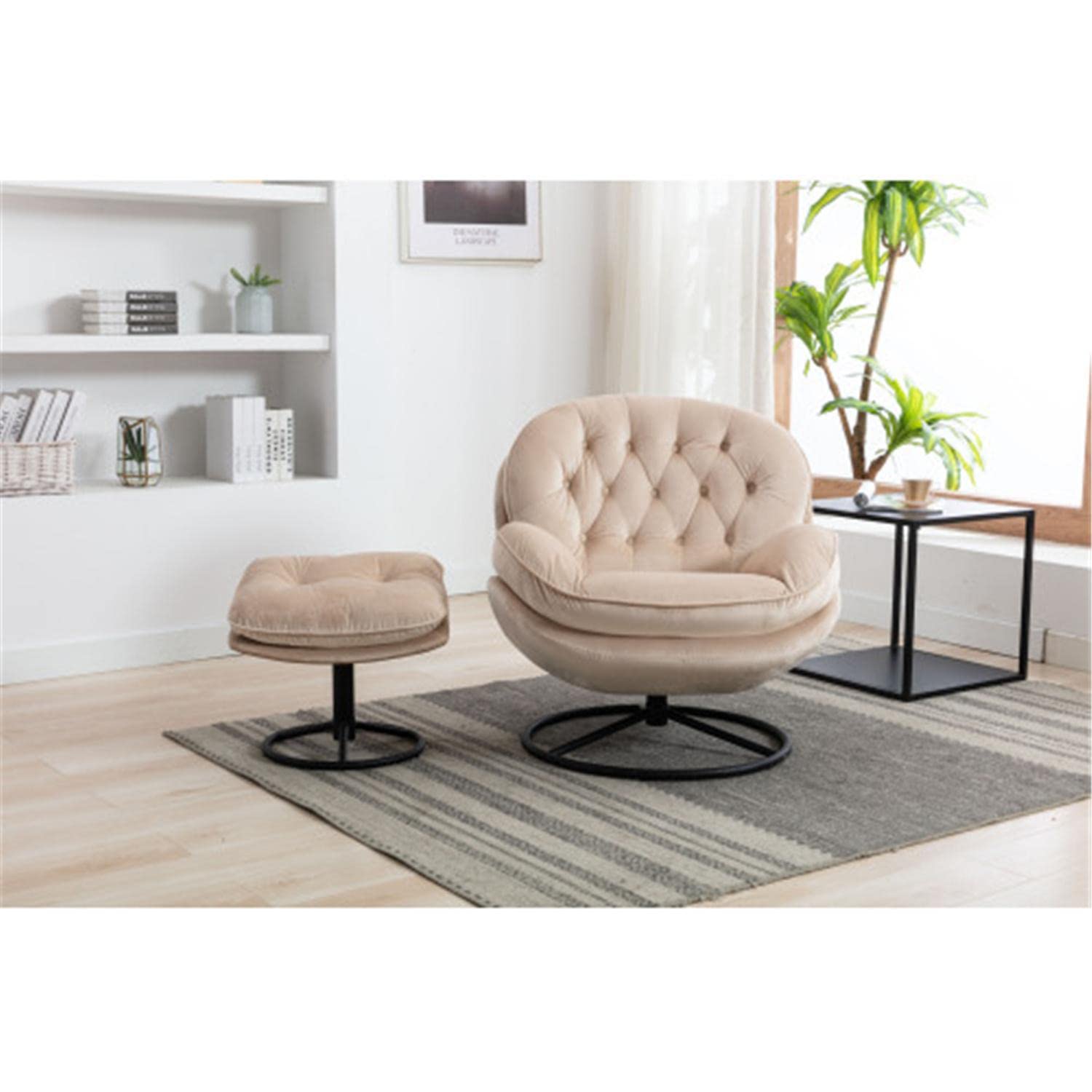 Velvet Swivel Accent Chair with Ottoman - Upholstered Lounge Chair with Footrest for Living Room, Bedroom or Office - Soft Beige Fabric Modern Comfort Chair