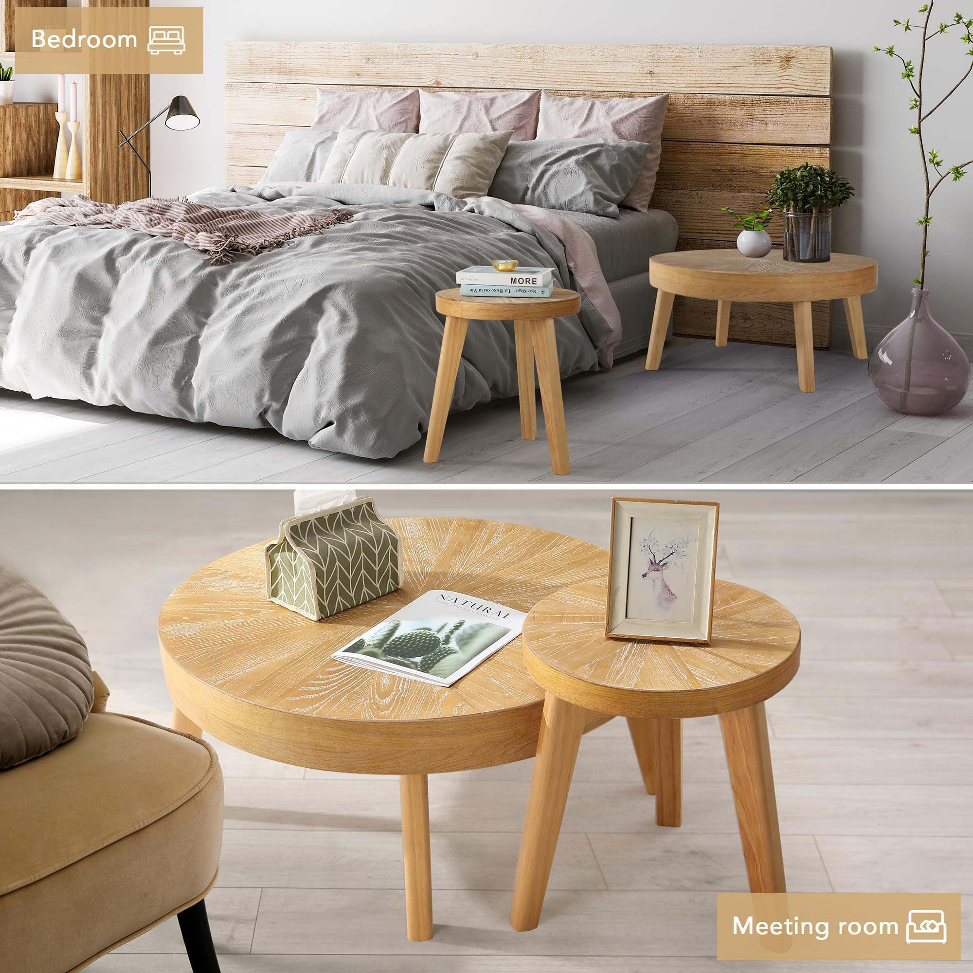 Rustic Round Coffee Table Set of 3 - Boho Chic Nesting Side Tables with Natural Wood Finish for Living Room, Bedroom & Home Office - Perfect for Small Spaces, Coffee Time & Home Decor