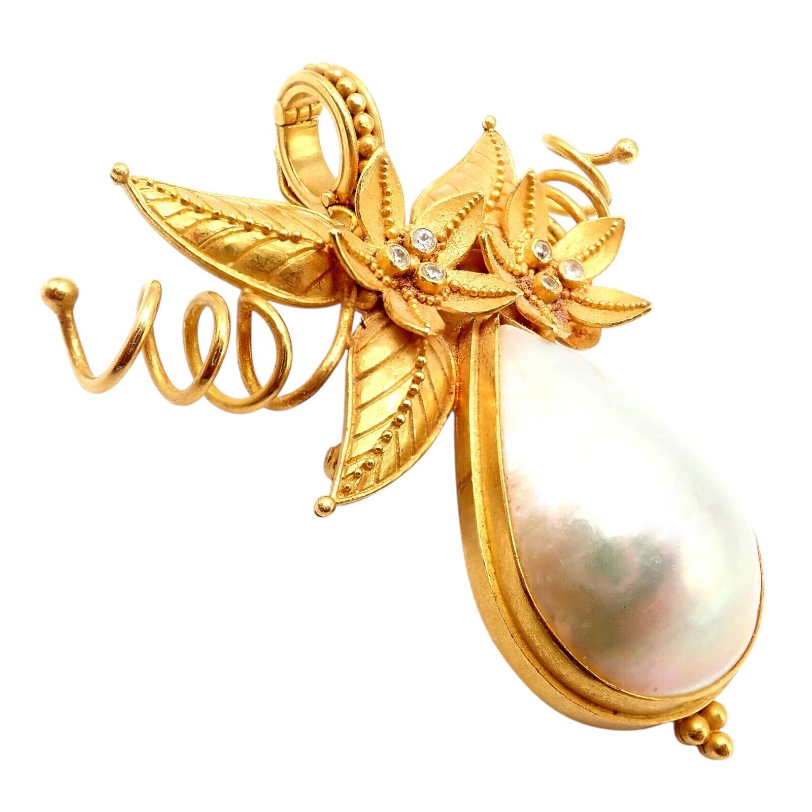 Vintage Carolyn Tyler 22k Yellow Gold Mabe Pearl Diamond Pendant Pin Brooch - Elegant Jewelry for Special Occasions & Gift Giving