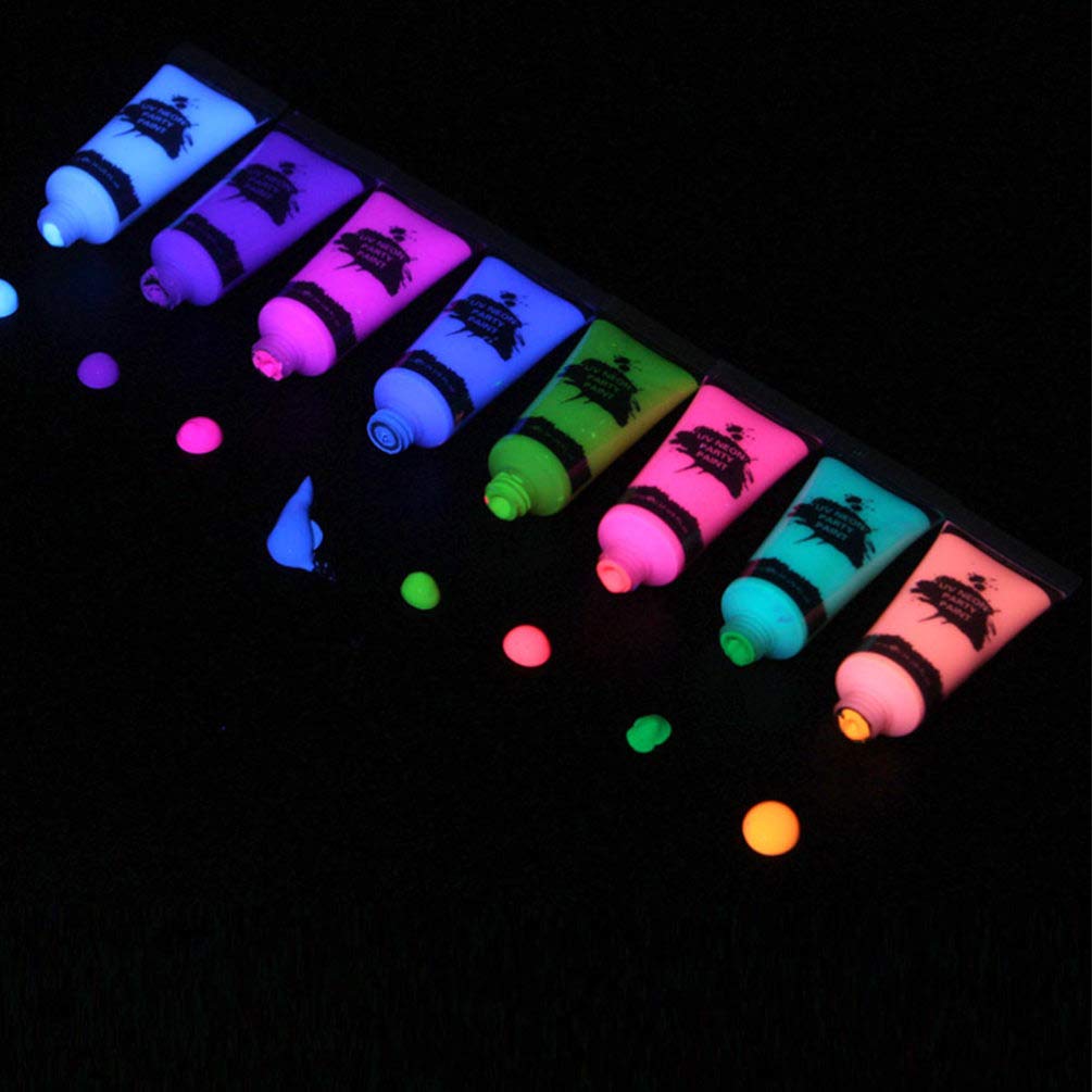 FRCOLOR UV Neon Glow Body Paint Set - 8pcs 10ml Fluorescent Face & Body Paint Kit for Halloween, Christmas, Birthday Parties - Washable, Non-Toxic for Adults & Kids - Perfect for Festivals, Raves, and Night Events