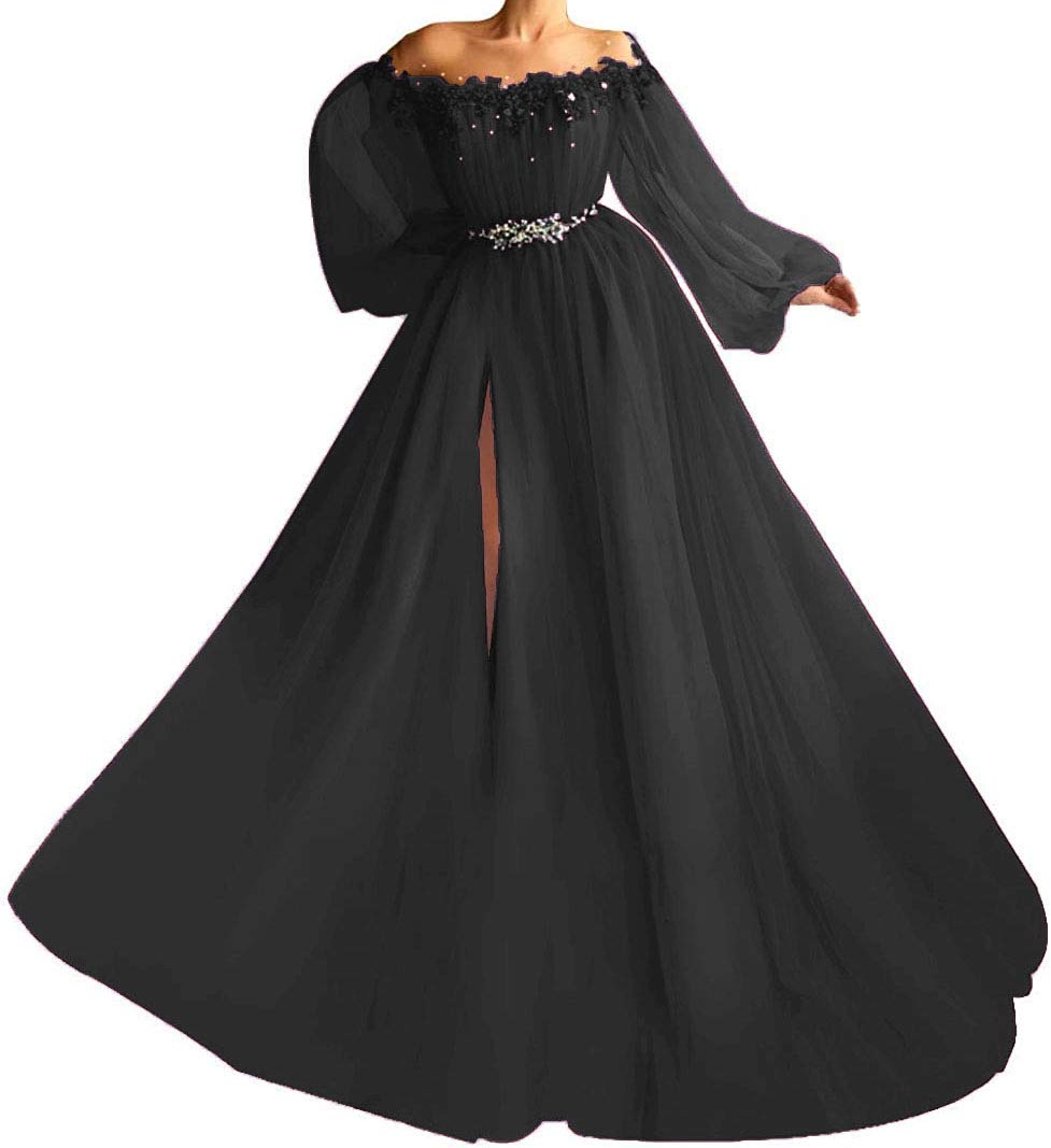 Elegant Puffy Long Sleeve Prom Dresses for Women - Tulle Ball Gown with Beaded Split Detail | Formal Party, Homecoming, Wedding Guest Dress