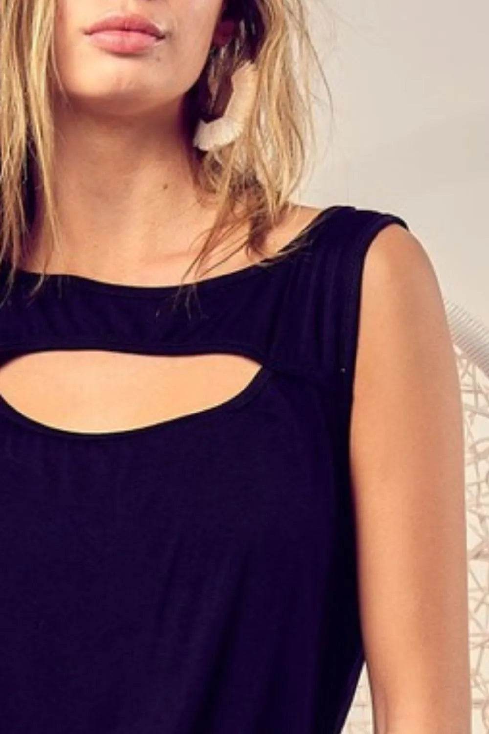 BiBi Rayon Span Knit Sleeveless Top with Cut Out Front - Women's Fashion Casual Wear for Summer, Beach, and Party Outfits