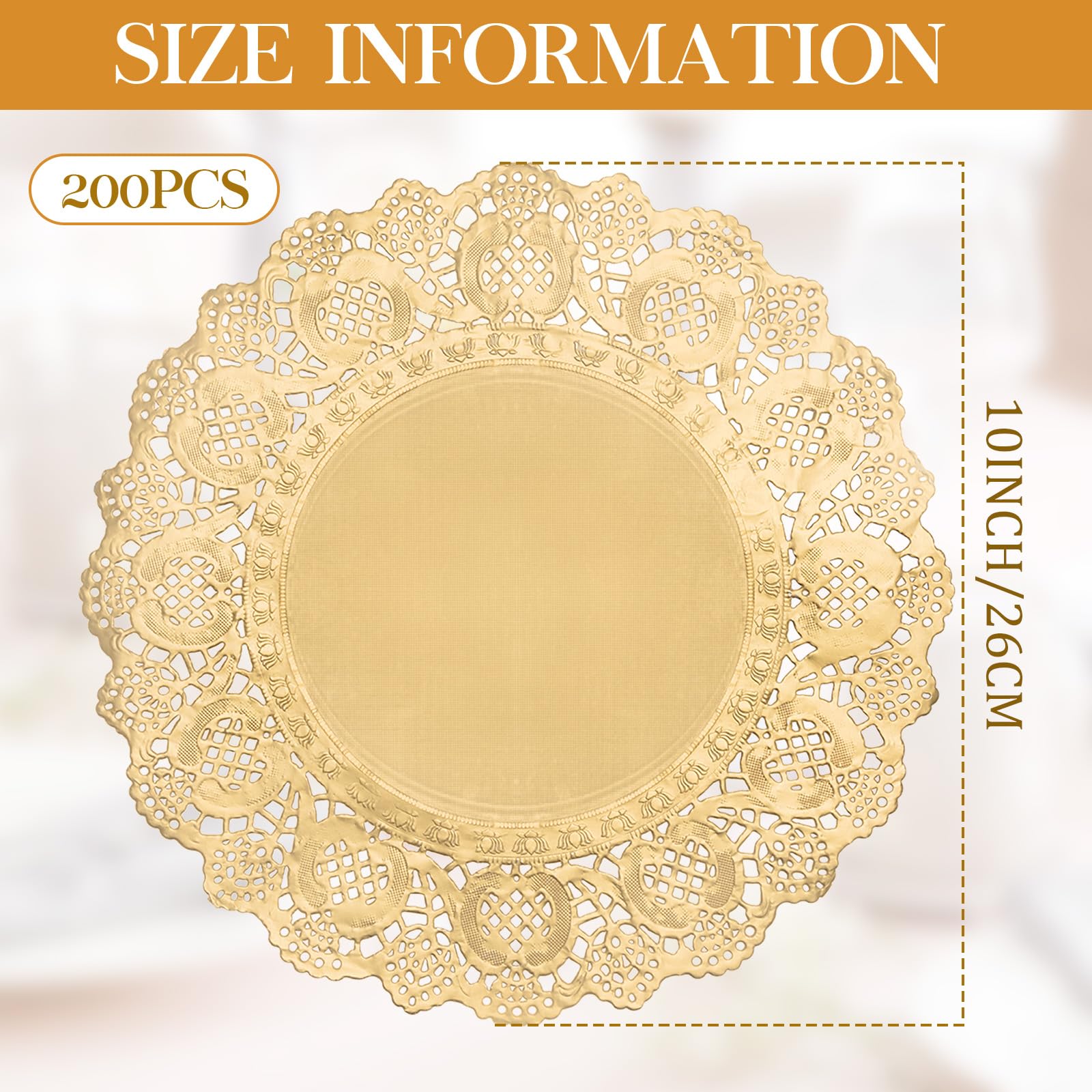 200 Pcs Gold 10 Inch Round Lace Paper Doilies - Elegant Disposable Placemats for Dinner Plates, Desserts, Wedding Tableware & Craft Decorations - Perfect for Party, Tea Time and Special Occasions