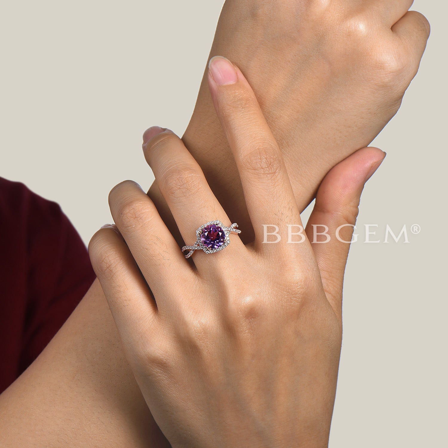 Twisted Round Cut Natural Amethyst Engagement Ring with Diamond Halo - Split Shank Wedding Band for Women | Perfect for Proposals, Anniversaries & Special Occasions