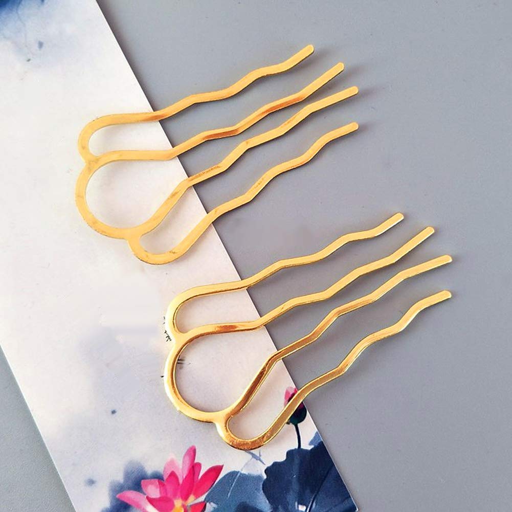 6-Piece Brass Hair Fork Clips Set - 4 Teeth Hair Bun Holder, Side Comb Clips for Women & Girls (Golden, 46x26mm) - Perfect for Bridal Hairstyles, Updos & Everyday Hair Accessories