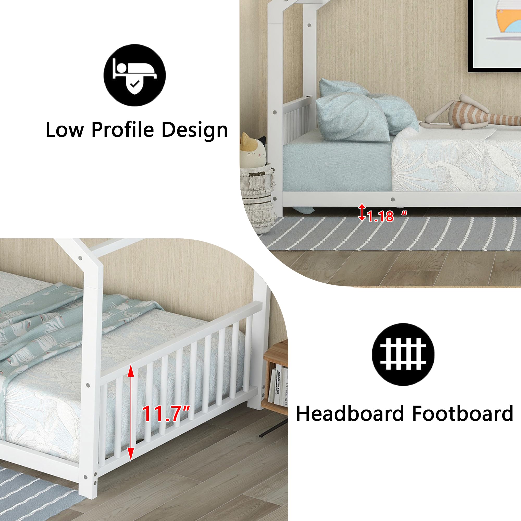Montessori Twin Size Floor Bed for Kids - White Metal Frame with Headboard, Footboard & Slats - Safe & Sturdy House Bed for Toddlers & Children - Perfect for Montessori Bedrooms, Playrooms & Cozy Sleep Spaces