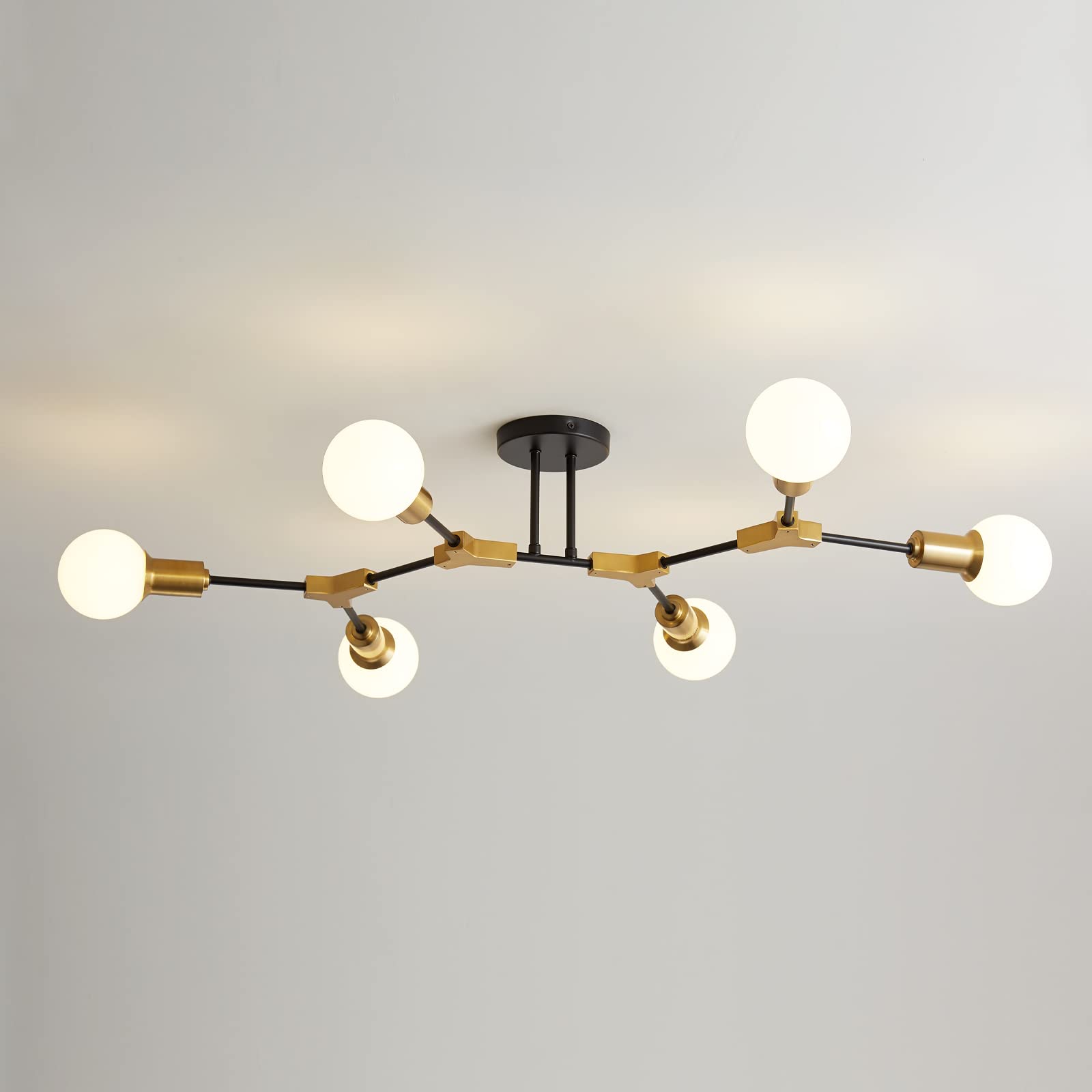 Modern Sputnik Chandelier 6-Light Black and Gold Semi-Flush Mount Ceiling Light Fixture with E26 Socket - Perfect for Bedroom, Living Room, Hallway, Dining Room and Entryway Lighting