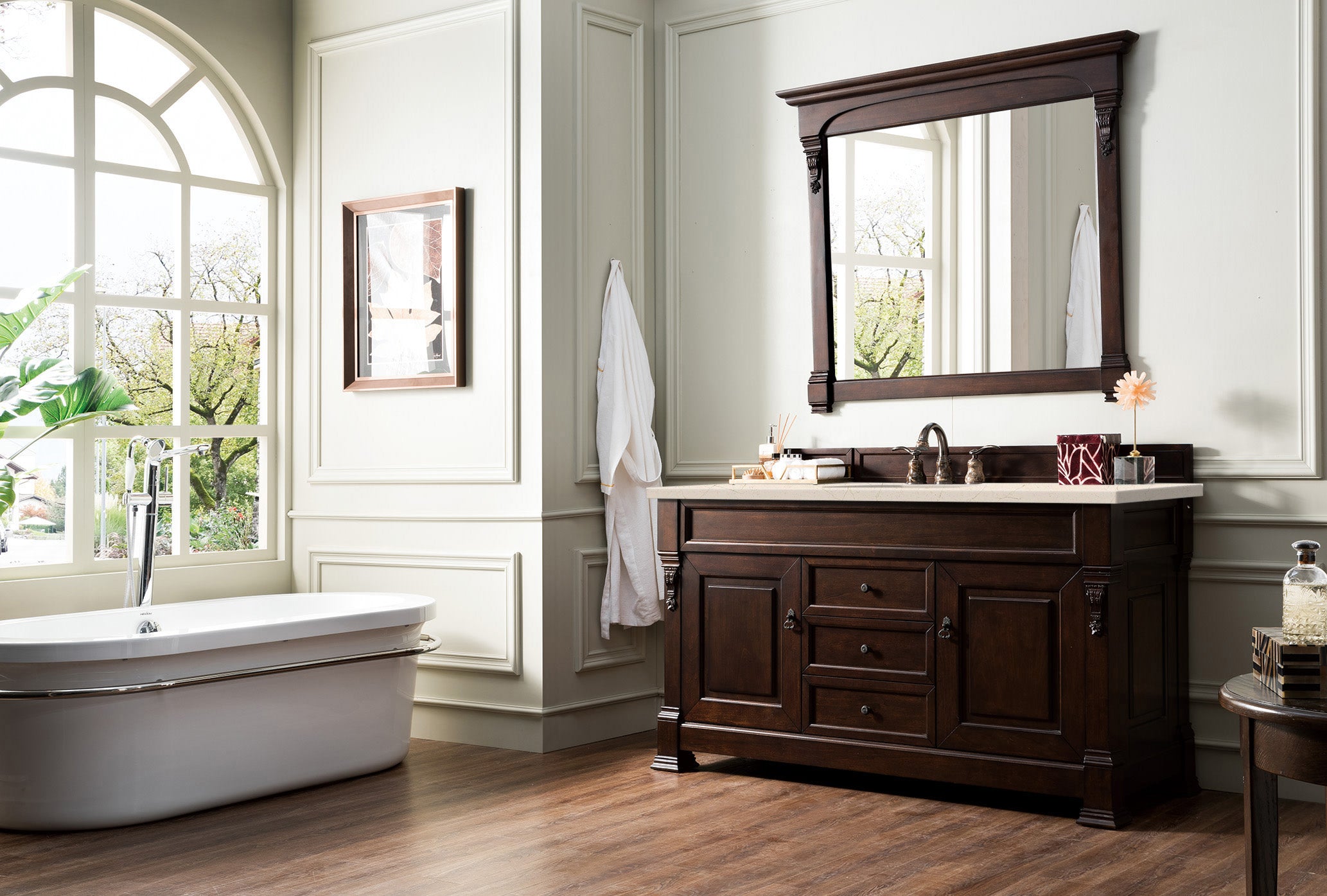 Brookfield 60 Inch Single Bathroom Vanity with Burnished Mahogany Finish & 3CM Eternal Marfil Quartz Countertop - Perfect for Modern Master Bathrooms and Powder Rooms