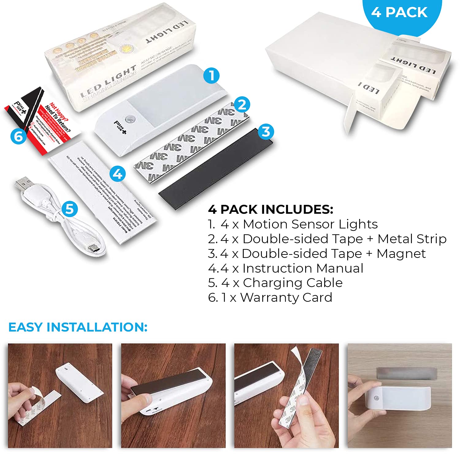 PeakPlus LED Closet Lights Motion Activated - Wireless Rechargeable Under Cabinet Lighting with Motion Sensor - Battery Powered LED Light Strips for Closet, Hallway, Stairs (4 Pack) - Perfect for Home, Office, and Dark Spaces