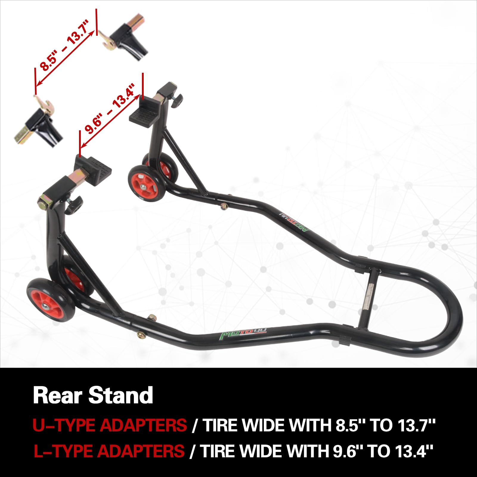 MOTO4U Universal Motorcycle Front & Rear Wheel Lift Stand Combo - Swingarm Spool Paddock Stand for Bike Maintenance (Red Wheel) - Perfect for Garage, Workshop & DIY Motorcycle Repair