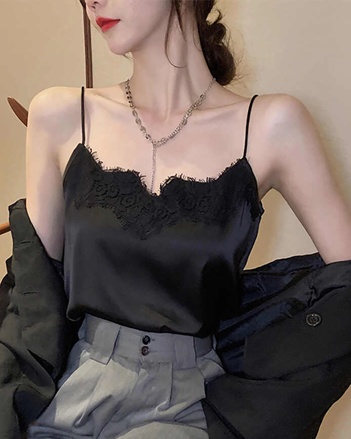 Lace Silk Cami Top for Women - Elegant Sleeveless Lace Trim Camisole - Perfect for Layering, Date Nights & Special Occasions