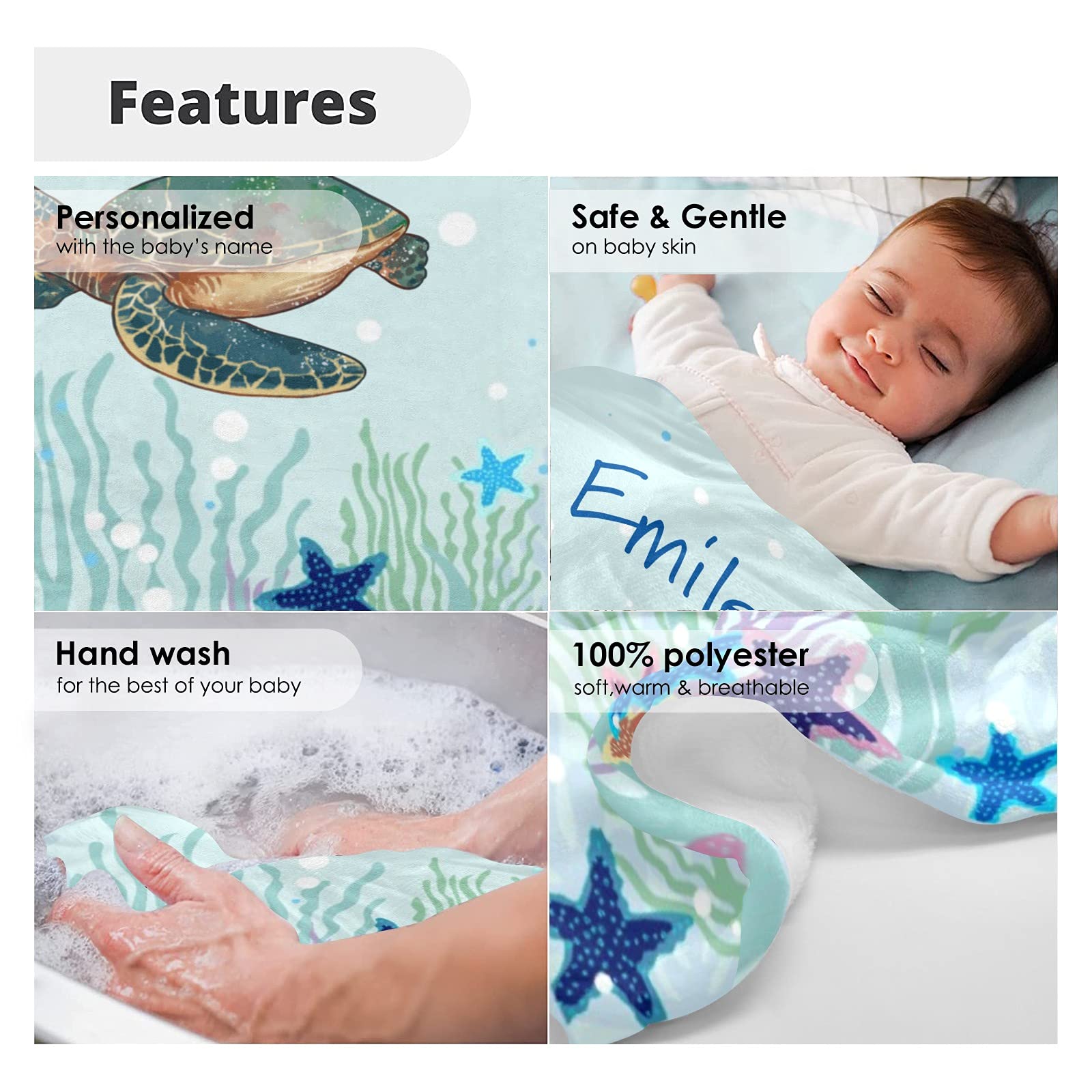 Personalized Baby Fleece Blanket with Custom Name - Super Soft 30x40 Inch Sea Turtle Starfish Design Blanket for Boys & Girls - Perfect Baby Shower, Birthday & Wedding Gift for Newborns (Nursery, Photo Props, Travel Blanket)