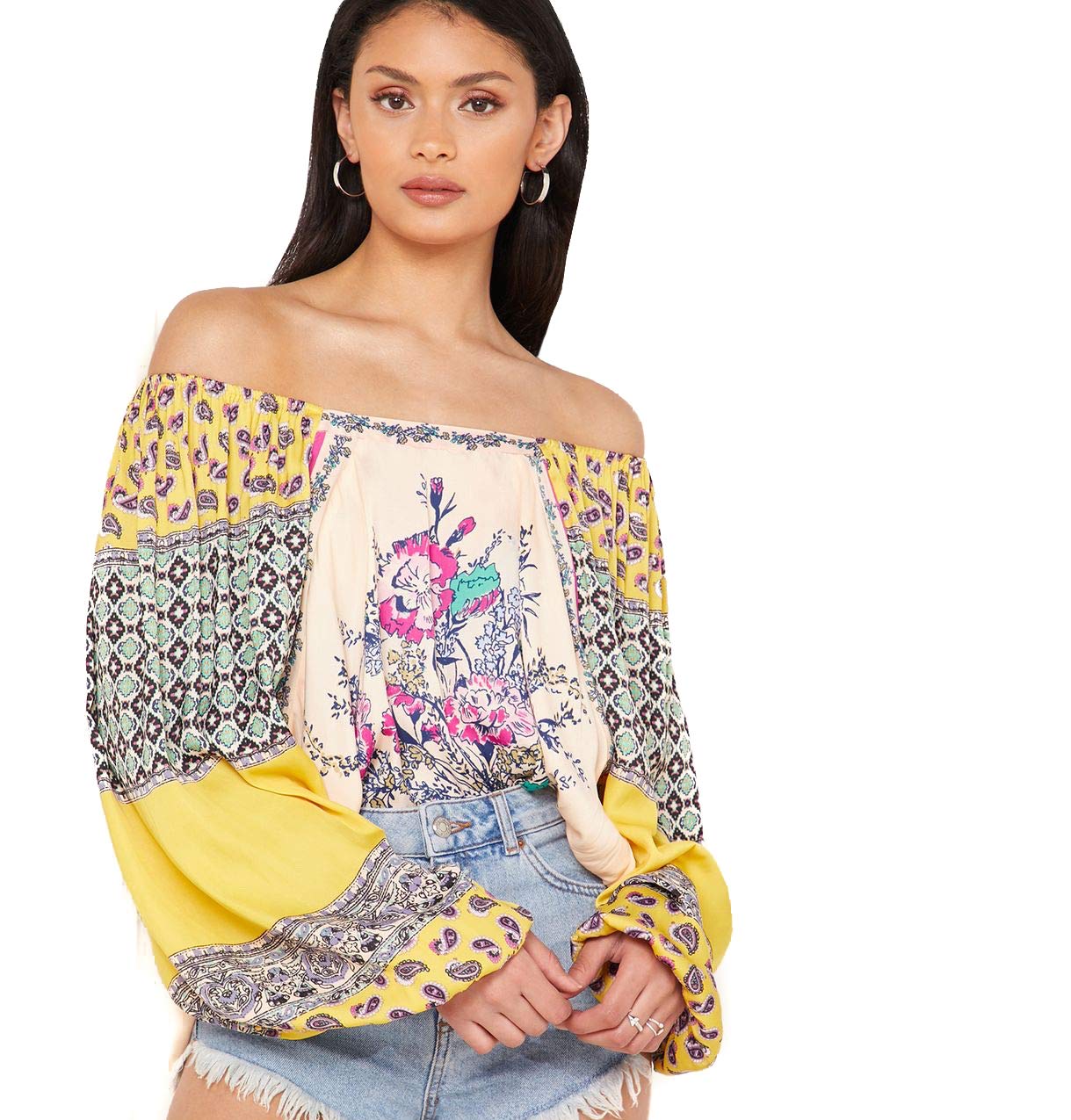 Free Women's Printed Off-The-Shoulder Pullover Top - Boho Chic Blouse for Casual Outings & Summer Vacations