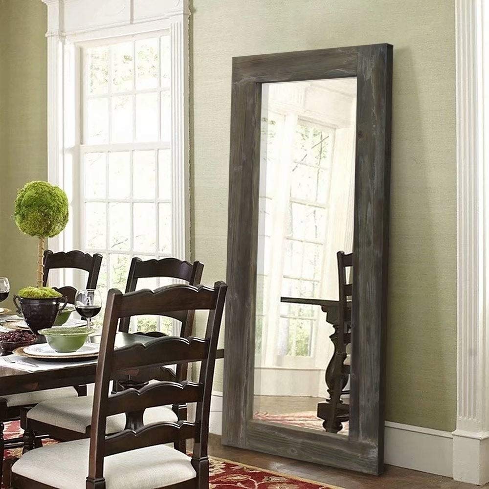 Antique Brown Rustic Wood Full-Length Floor Mirror - Freestanding Rectangular Farmhouse Mirror with Hooks for Living Room, Bedroom & Entryway Decor