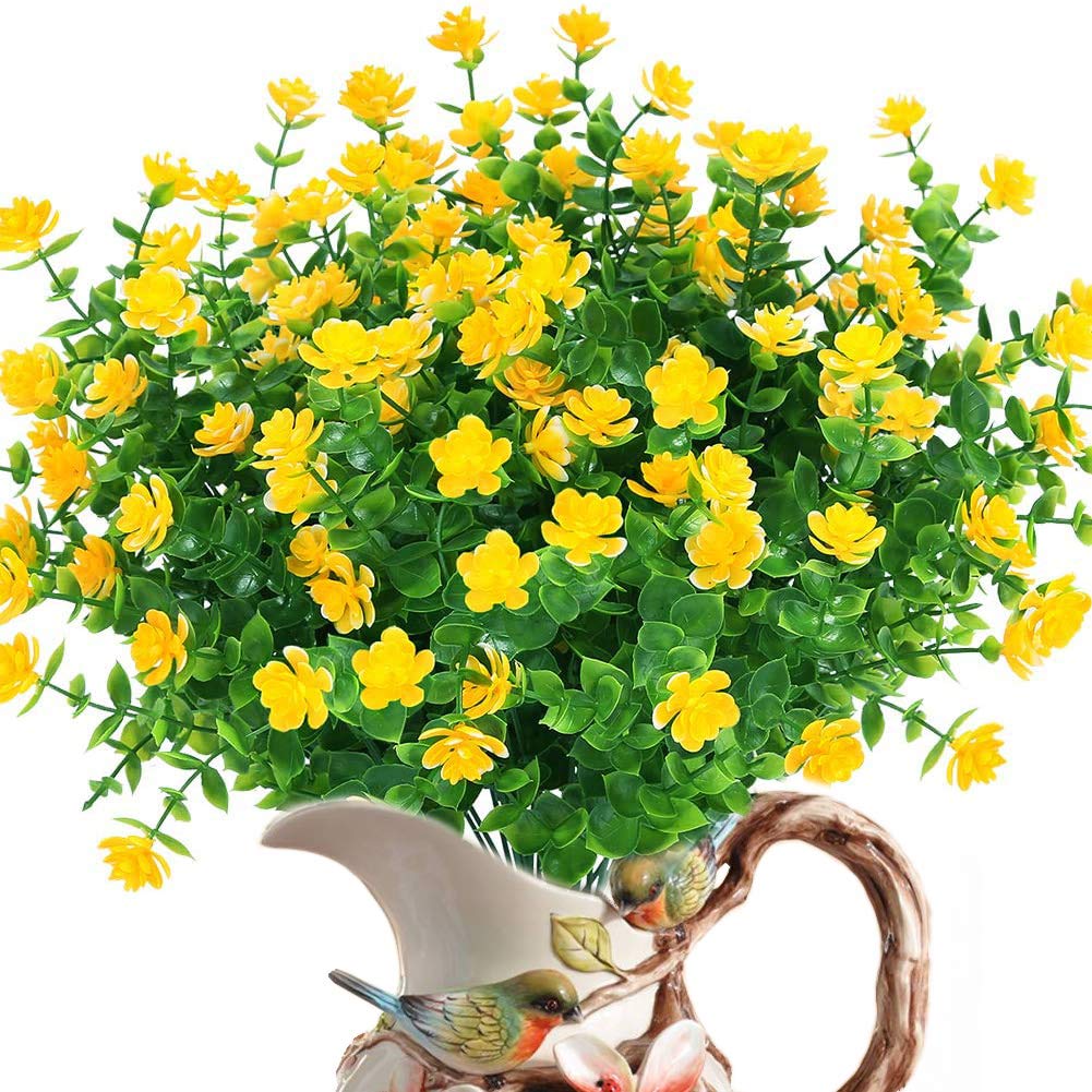 8 Bundles UV Resistant Artificial Flowers for Outdoor & Indoor - Fake Plastic Plants, Faux Greenery Shrubs for Hanging Planters - Home, Kitchen, Office, Wedding & Garden Décor (Yellow, 8pcs) - Perfect for Patio, Balcony & Table Centerpieces