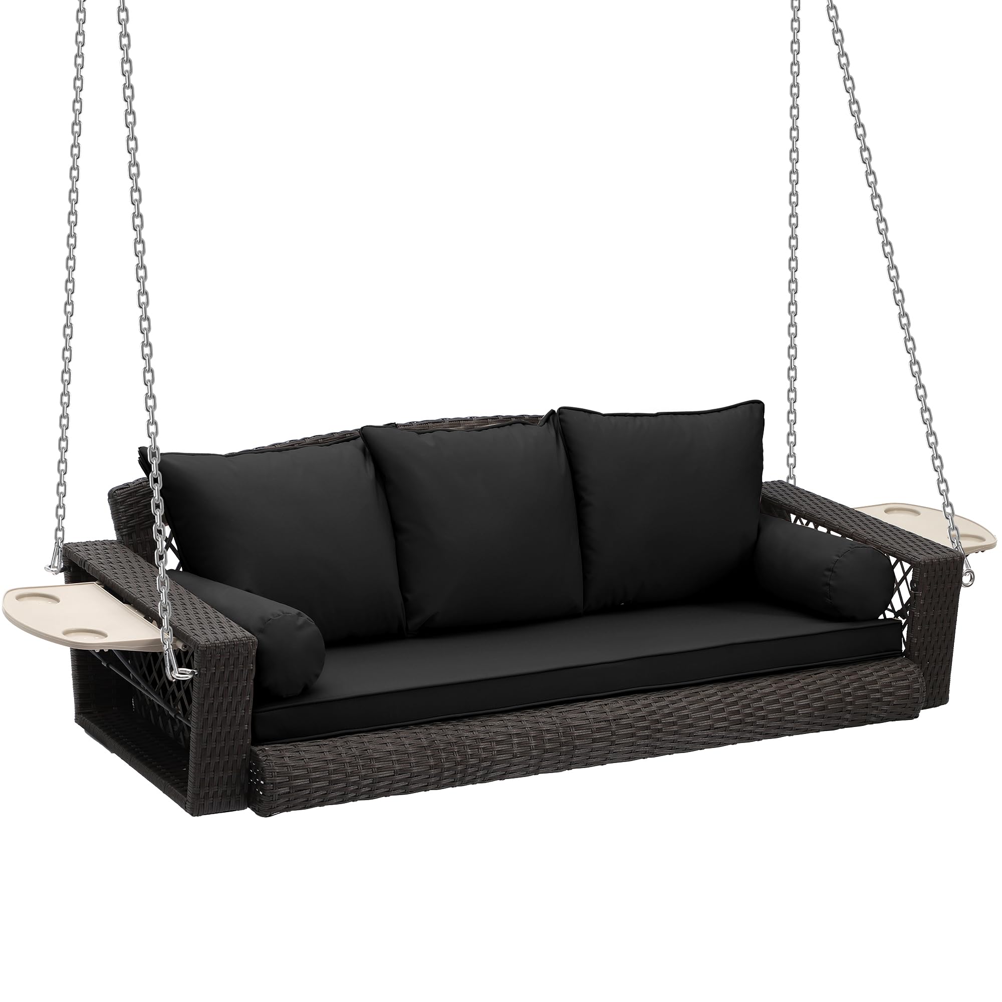 Grepatio 3-Person Outdoor Wicker Porch Swing Chair with Cushion & Pillow - Brown Rattan & Black Cushion - Perfect for Garden, Patio, Yard, or Lawn Relaxation