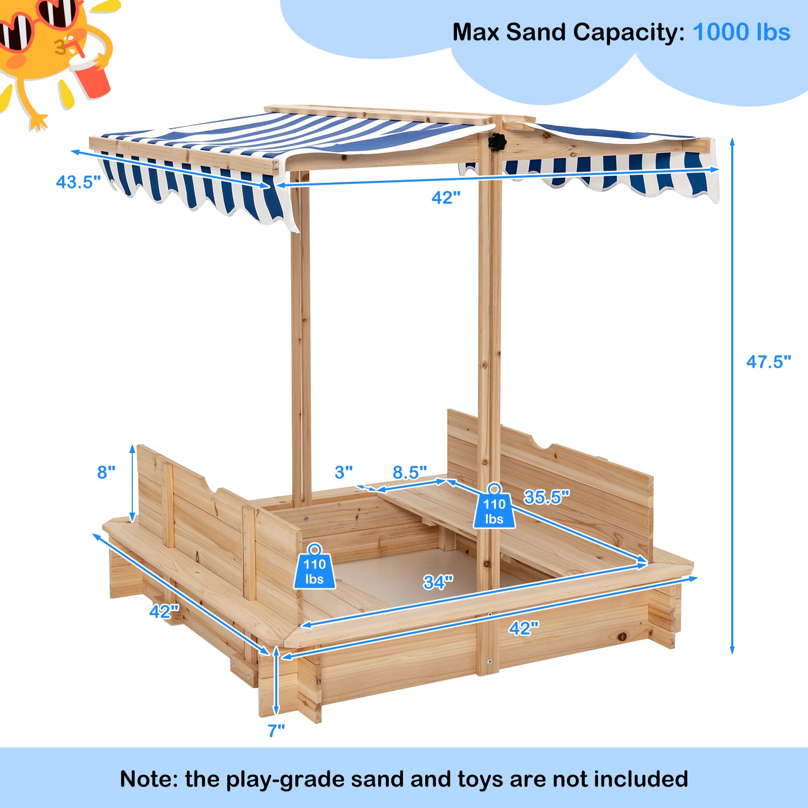 HONEY JOY Kids Sandbox with Canopy - Cedar Wood Bottomless Sand Pit for Backyard, Patio, Lawn & Garden - Outdoor Square Sandbox with Bench Seat & Backrest - Includes Lid - Perfect Gift for Boys & Girls Ages 3+ - Great for Outdoor Play, Sensory Activities & Backyard Fun