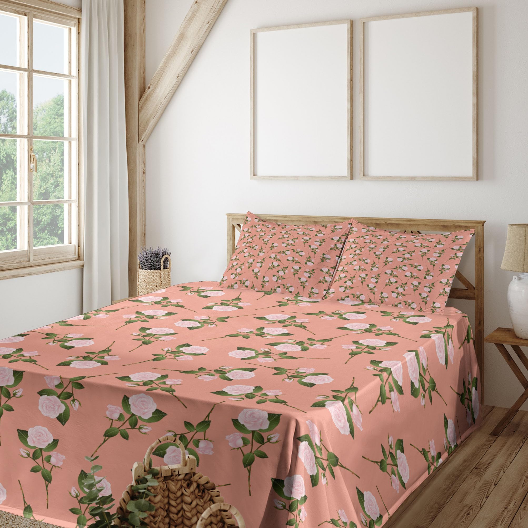 Ambesonne Floral Sheet Set 4-Piece - Vintage Rose Flowers with Thorns Bouquet Design, Full Size Bedding Set with Fitted Sheet, Flat Sheet & Pillowcases in Rose Olive Green Peach - Perfect for Boho Bedroom Decor & Guest Room Styling
