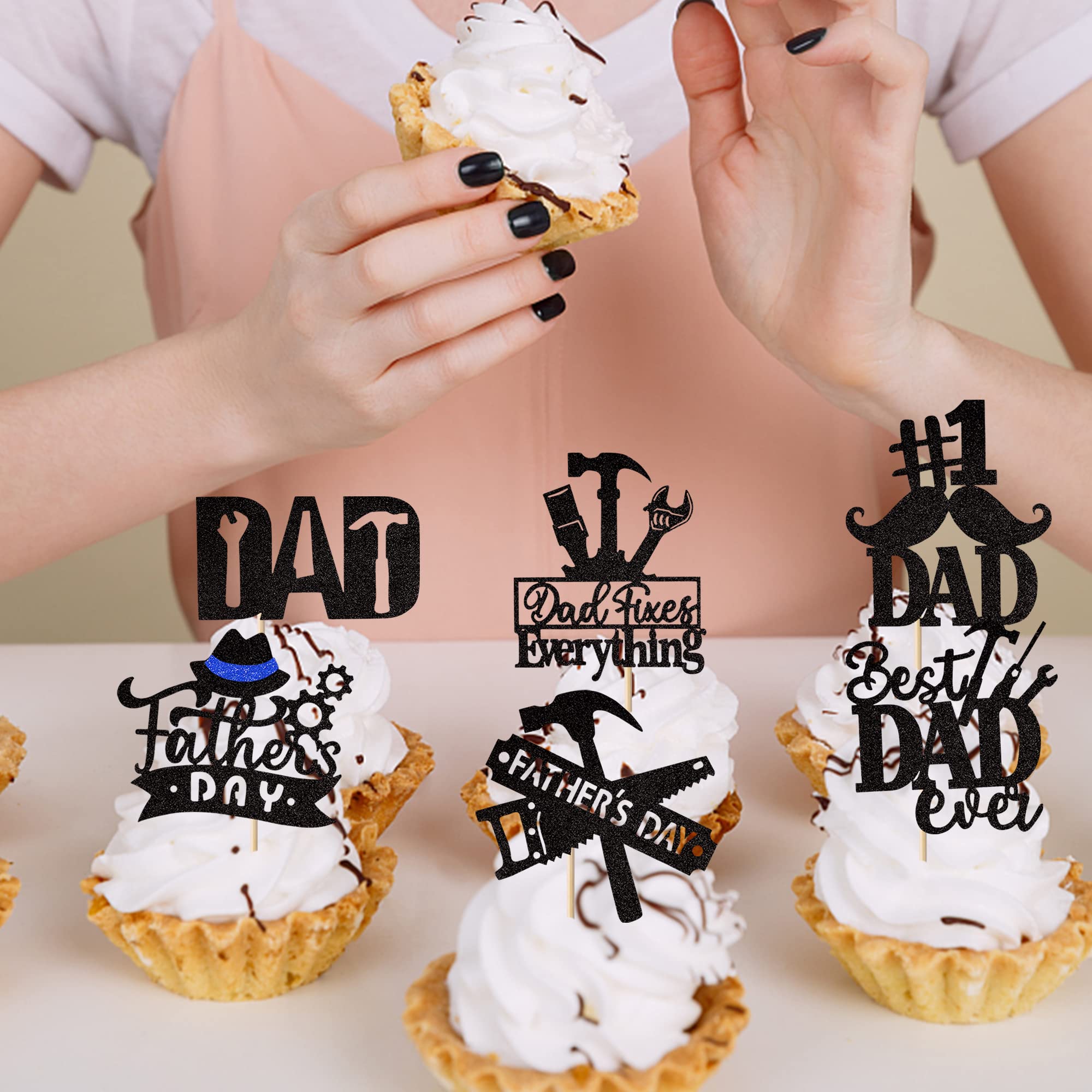 24 Pack Happy Father's Day Cupcake Toppers - Best Dad Ever Glitter Cake Decorations with #1 Dad, Tie, Mustache & Hat Designs for Father's Day Parties, Men's Birthday Celebrations & DIY Cake Decorating (Black)