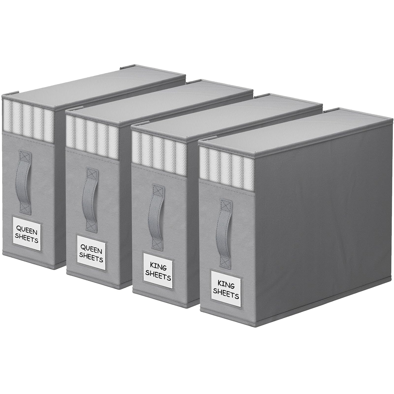 4 Pack Foldable Closet Organizers with Window & Label - Sturdy Storage Containers for Bedding, Sheets, Duvet Covers & Blankets (Grey) - Perfect for Closet, Wardrobe & Home Organization