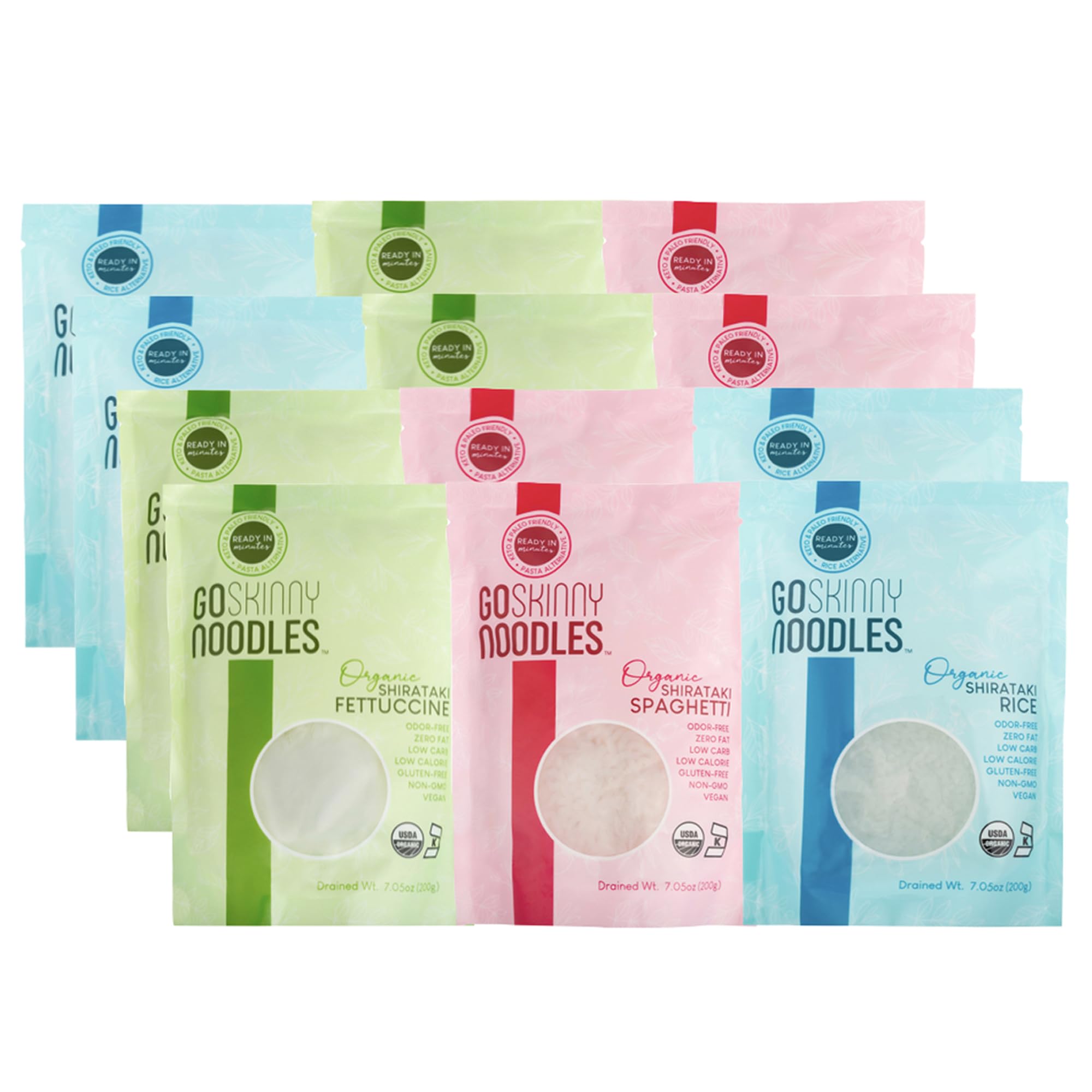 GoSkinny Organic Shirataki & Konjac Noodles Combo Pack (12) - Low Carb, Gluten Free, Keto, Vegan Pasta - Spaghetti, Fettuccine & Rice Varieties - Ready in Minutes for Healthy Meals & Weight Loss Diets