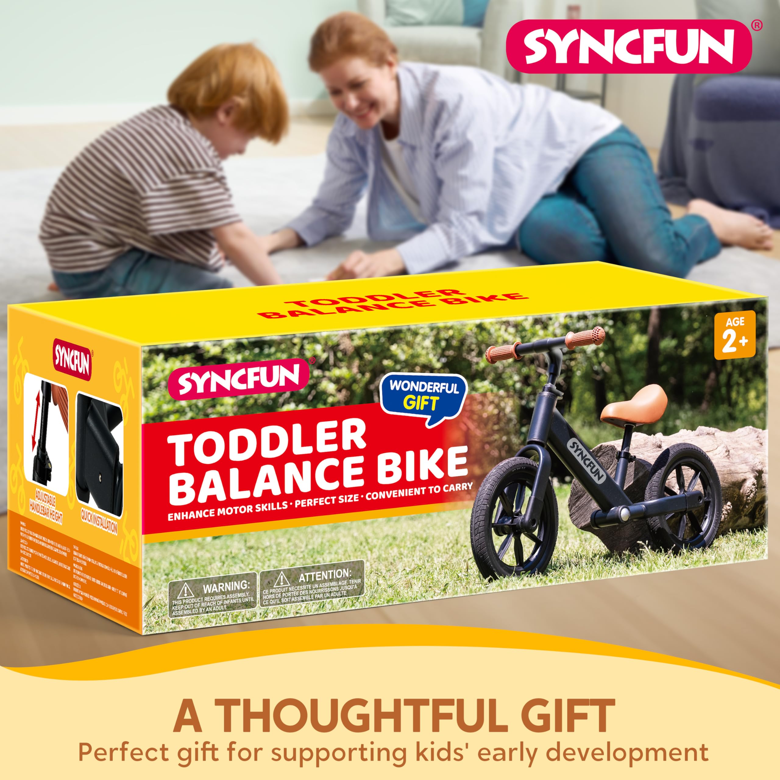 SYNCFUN 12'' Toddler Balance Bike for Kids 2-5 Years Old - Adjustable Seat & Carry Handle, Anti-Skid Tires - Perfect First Bike for Boys & Girls - Ideal for Outdoor Play, Learning to Ride & Birthday Gifts (Black)