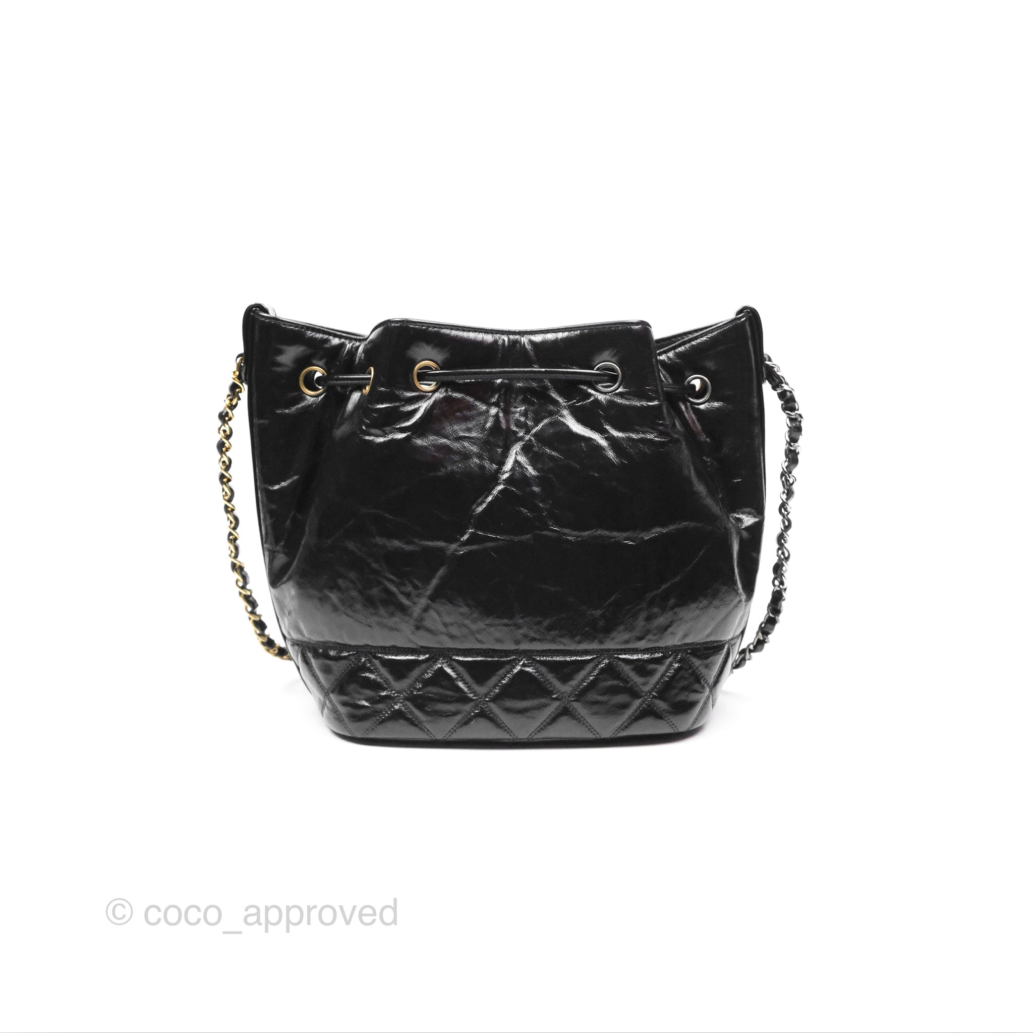 Chanel CC Drawstring Bucket Bag in Black Shiny Aged Calfskin Leather - Luxury Crossbody Purse for Women, Perfect for Date Night & Travel Accessories