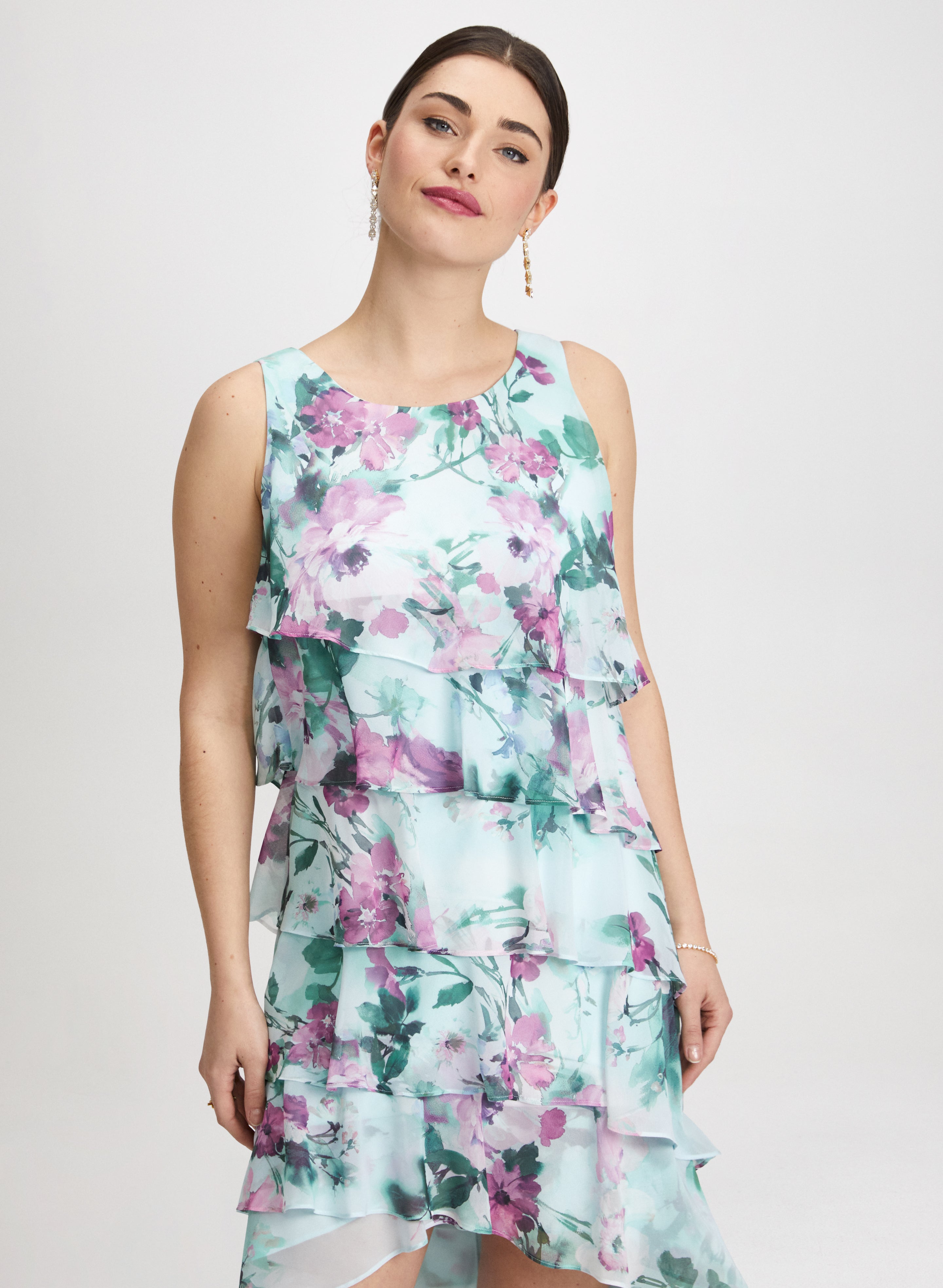 Floral Asymmetric Tiered Dress for Women - Elegant Summer Maxi Dress for Beach, Wedding & Special Occasions