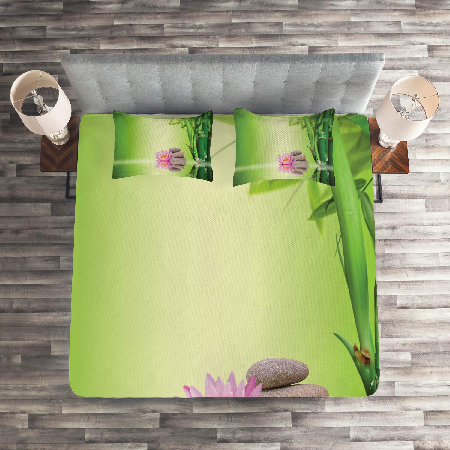 Ambesonne 3-Piece King Size Quilted Bedspread Set with 2 Pillow Shams - Garden Print Spa Coverlet in Green & Pink | Mindful Decor for Bedroom, Meditation Space & Cozy Home Retreat