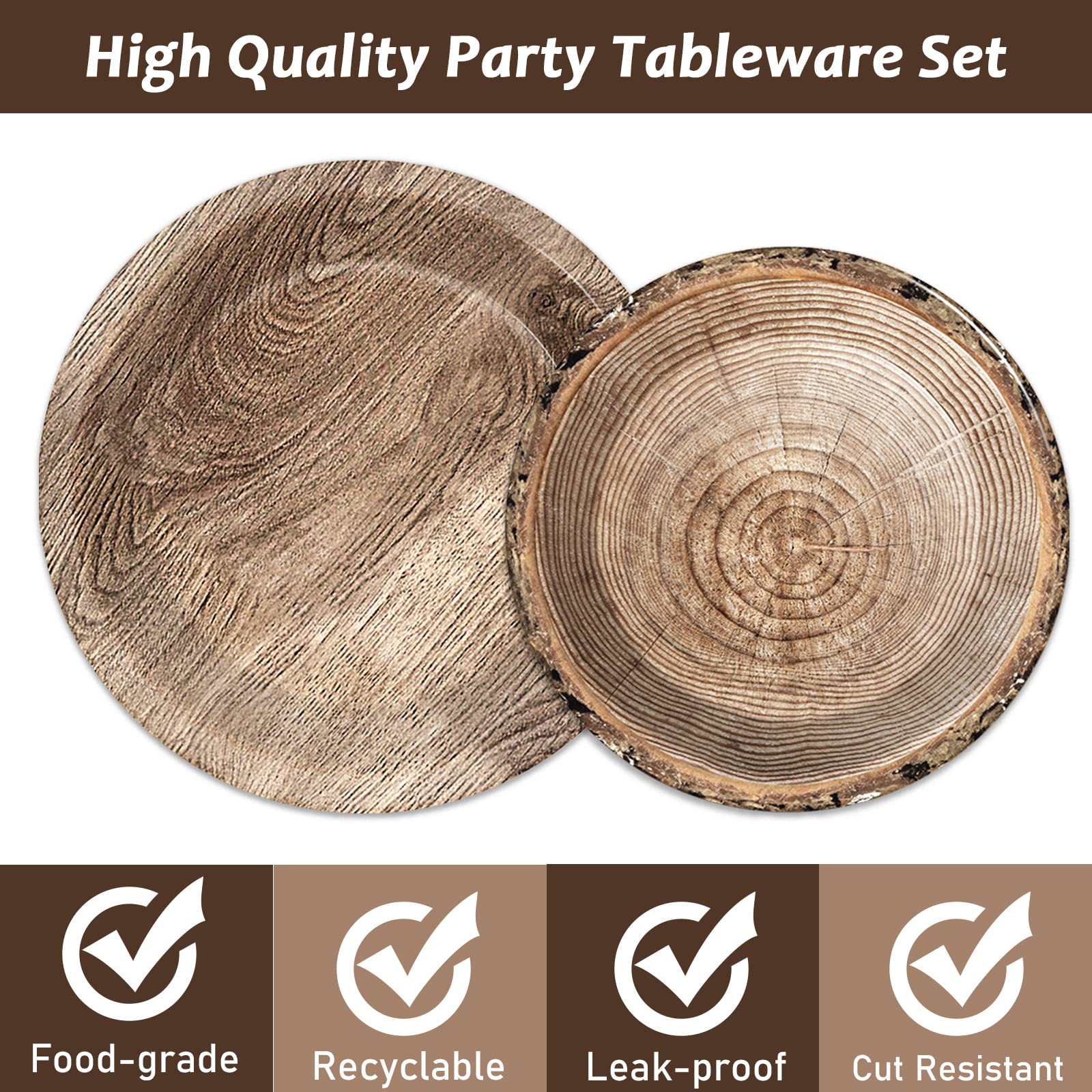 96-Piece Rustic Wooden Tree Party Tableware Set - Lumberjack & Camping Theme Disposable Plates, Napkins, Forks for 24 Guests - Perfect for Outdoor Weddings, Hunting Parties & Cabin Decorations