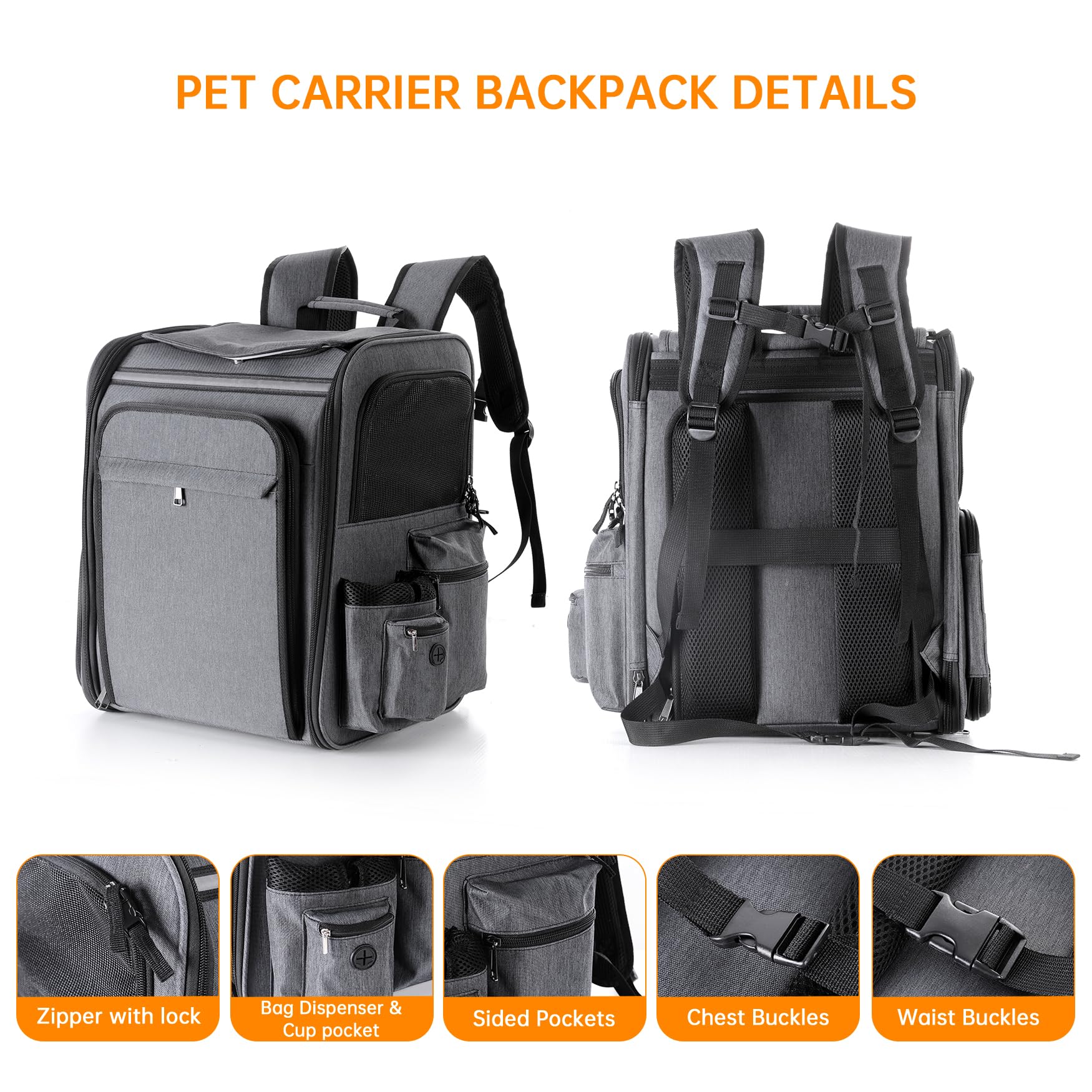**Expandable Cat & Dog Carrier Backpack - Double Side Design for Medium Cats & Small Dogs Up to 20 Lbs, Breathable Mesh Pet Travel Backpack (Grey) - Perfect for Hiking, Air Travel & Vet Visits**