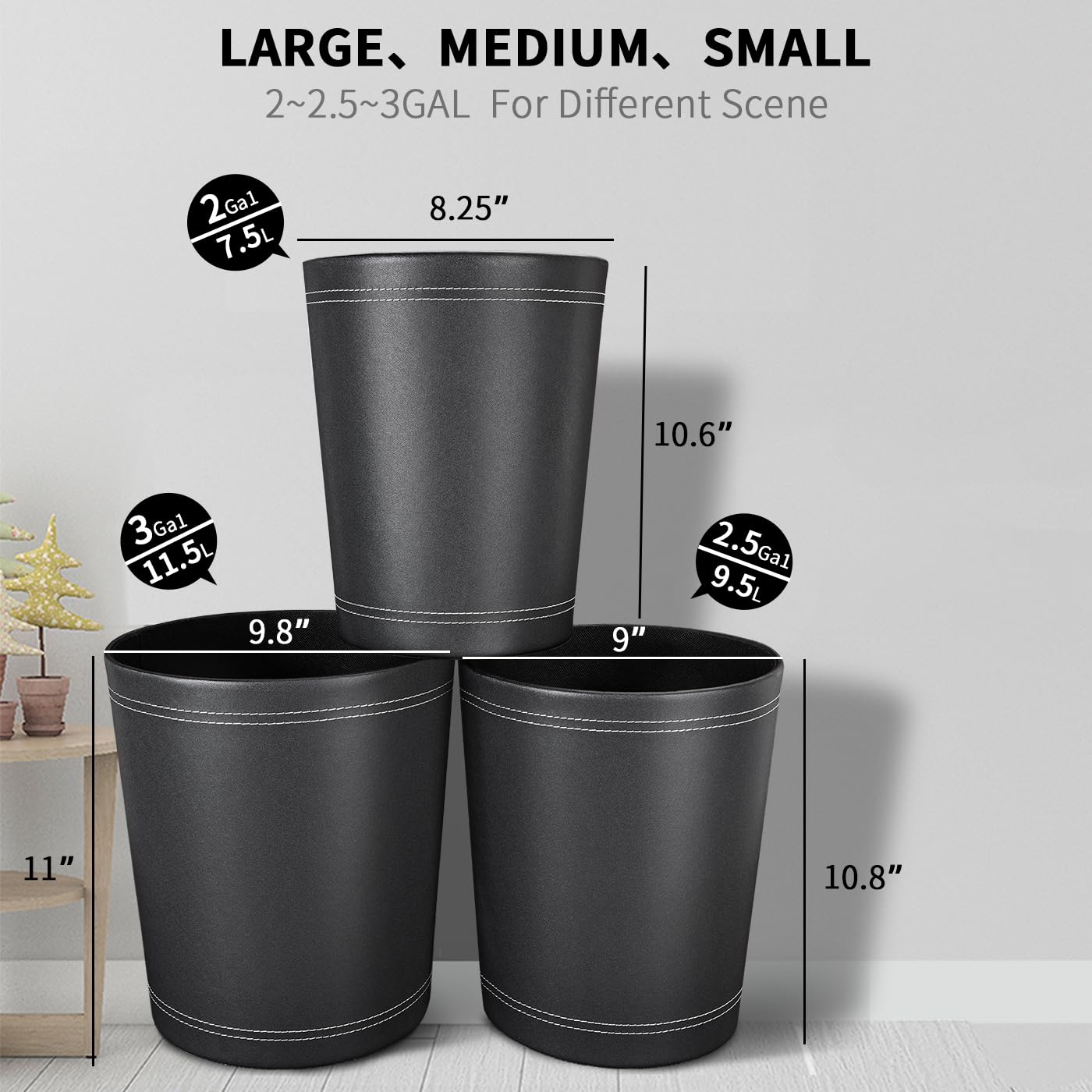 3 Pack Black Round PU Leather Wastebasket - Small Trash Can for Bathroom, Office, Bedroom & Kids Room | Home Decor Garbage Bin with Lid | Space-Saving Waste Paper Basket for Dorm, Kitchen & Living Room