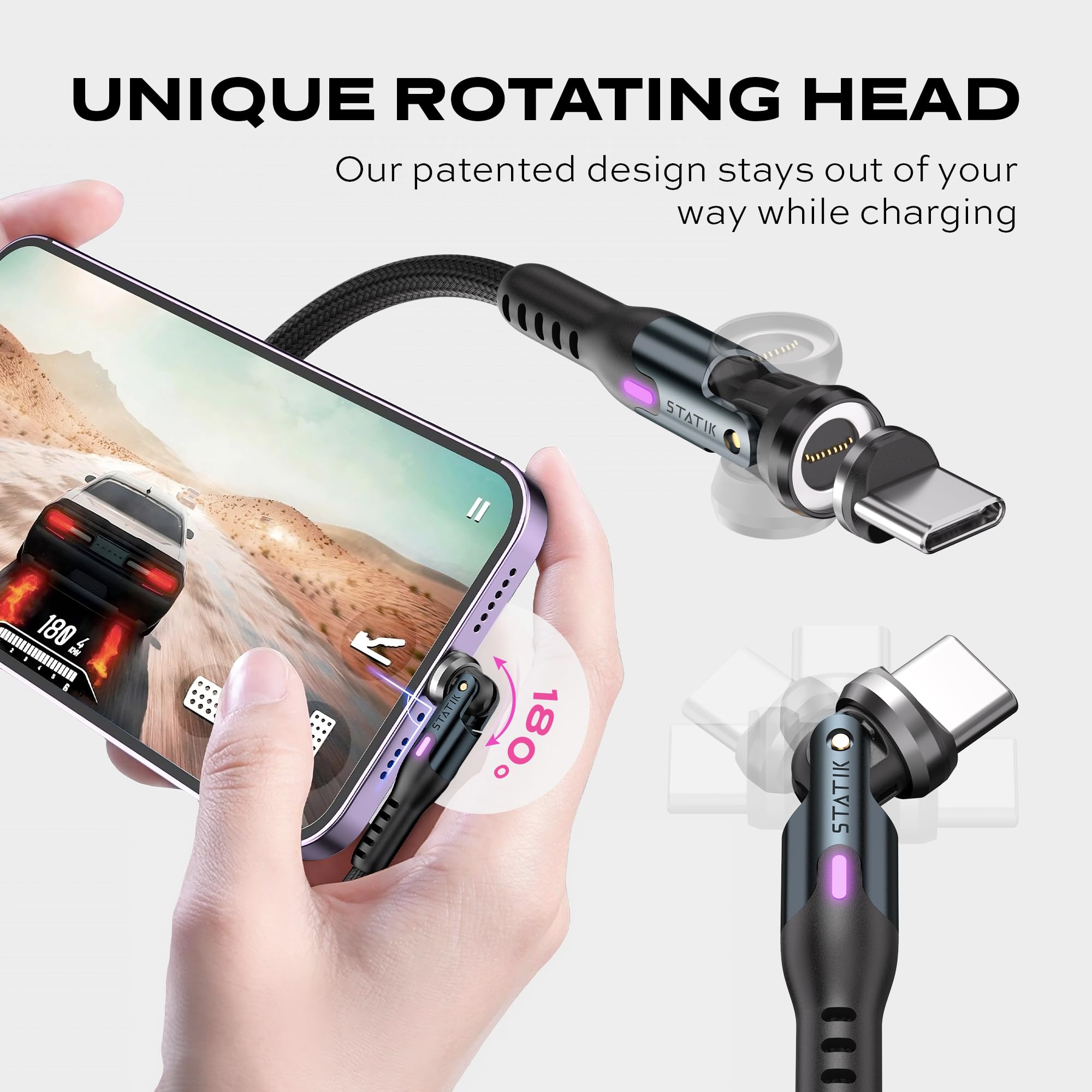 STATIK 360 Pro Magnetic Phone Charger Cable - 3-in-1 Fast Charging Cable with Type C, Micro USB & Lightning Connectors (1M/3FT, Black) - Perfect for Home, Office & Travel Charging Needs