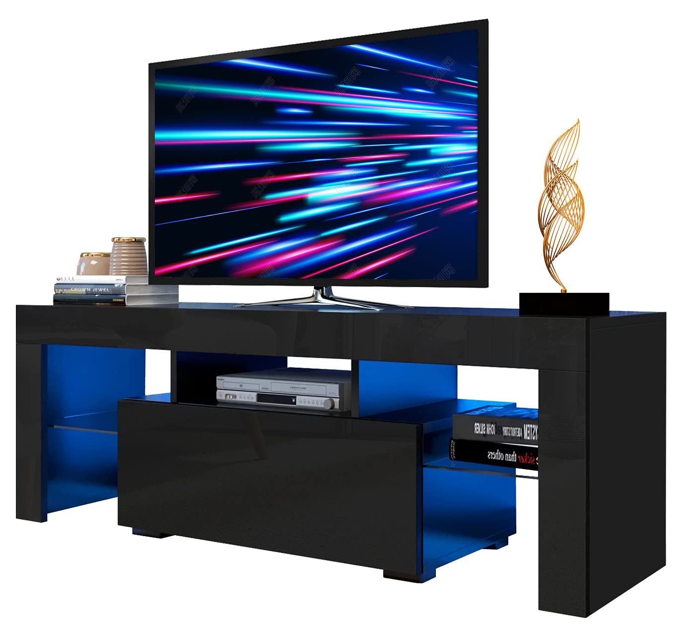 55 Inch LED TV Stand with 20 Color Lights - Black High Gloss Entertainment Center with Storage Drawer & Glass Shelf - Perfect for Gaming Setup, Living Room & Bedroom TV Console
