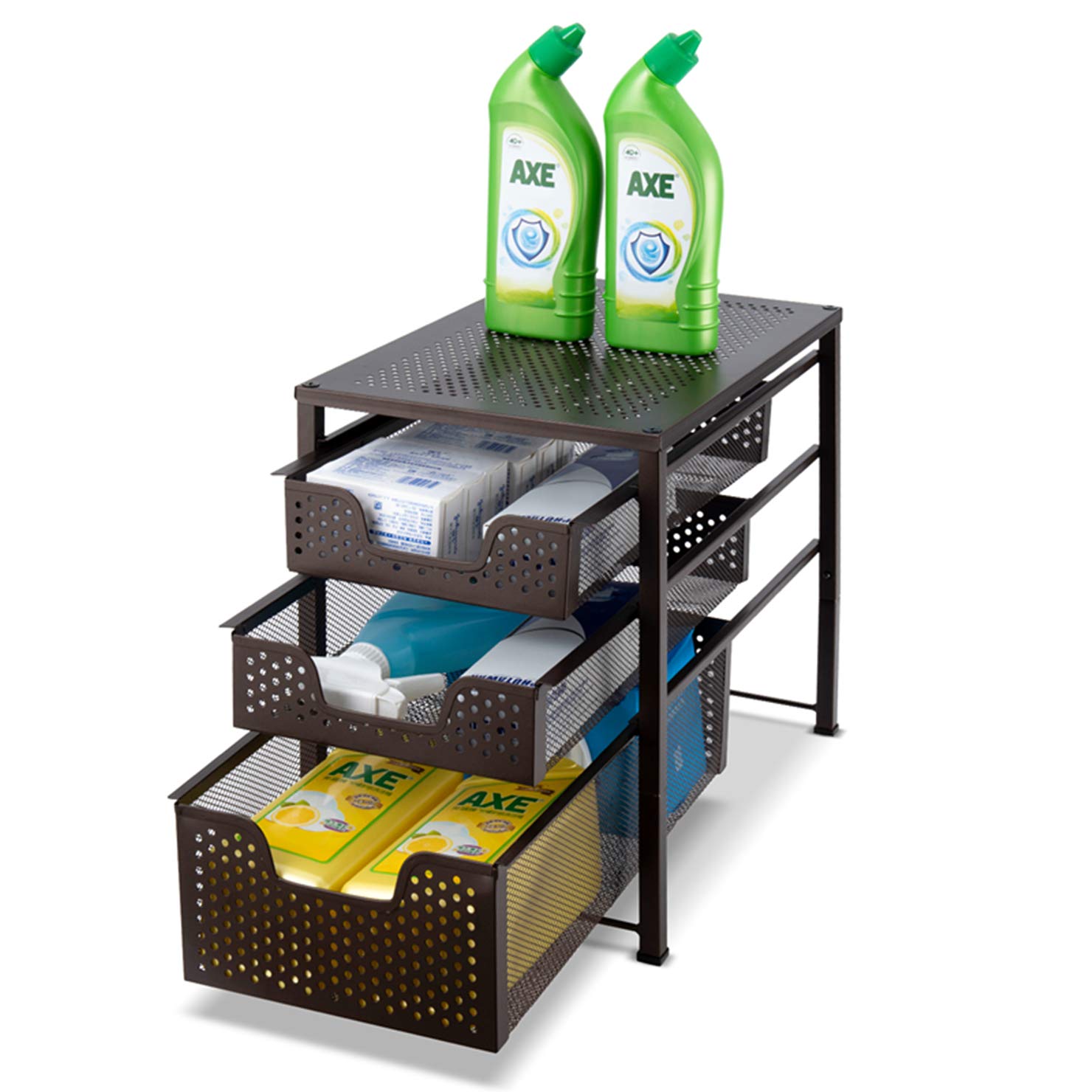 Auledio 3-Tier Stackable Under Sink Organizer with Sliding Baskets - Bronze | Space-Saving Cabinet Storage for Kitchen, Bathroom & Laundry Room Organization