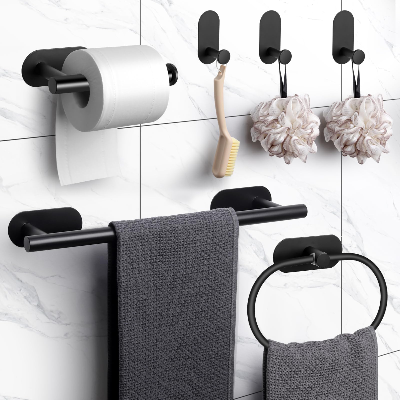 JiGiU No Drill Stick On Bathroom Hardware Set - 16-Inch Self Adhesive Towel Bar, Toilet Paper Holder, Towel Ring & 3 Hooks - Stainless Steel Black - Perfect for Small Bathrooms, Apartments & RVs